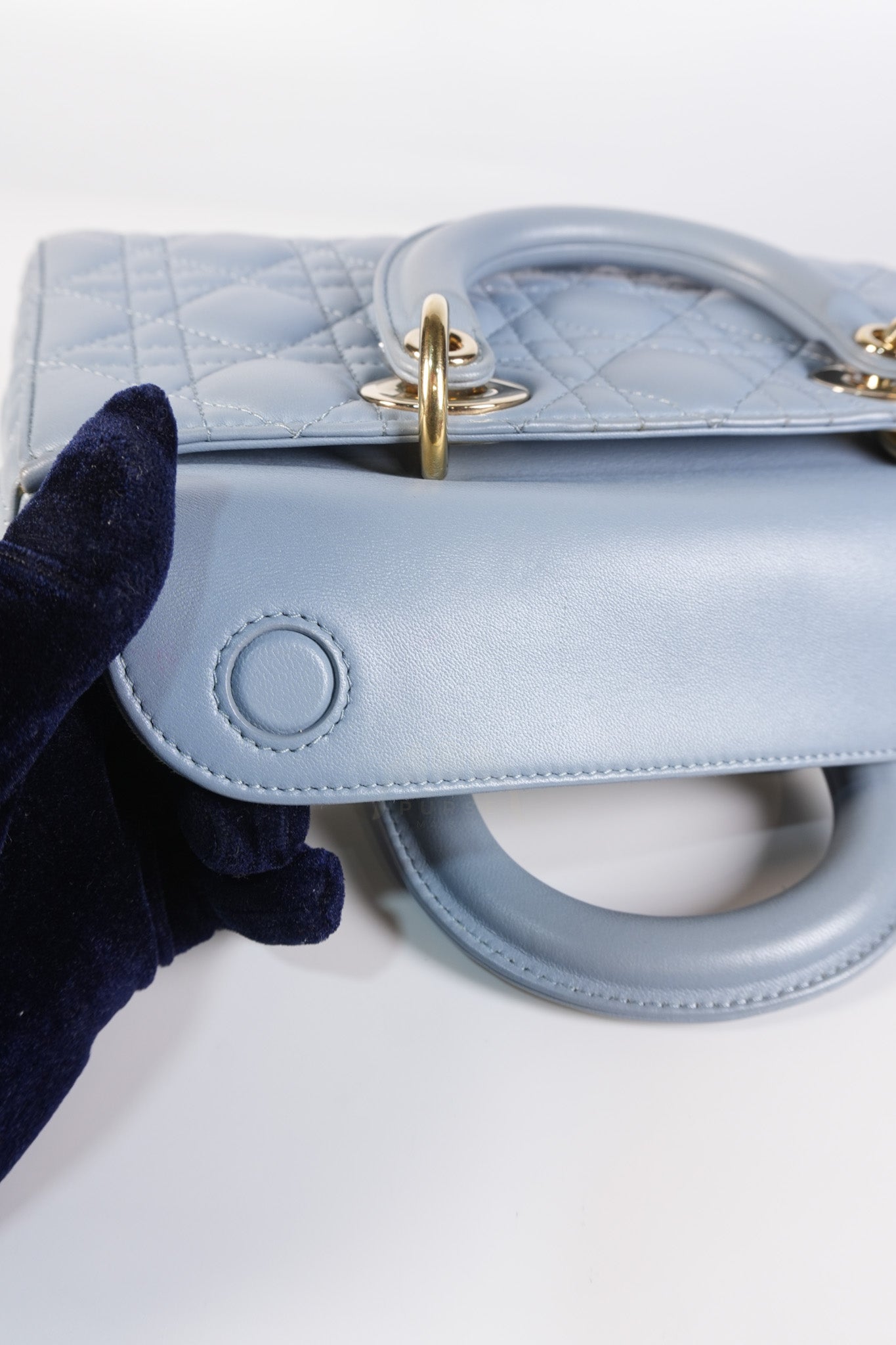 Lady D-Joy Medium Blue Cannage Lambskin Leather in Light Gold Hardware | Purse Maison Luxury Bags Shop