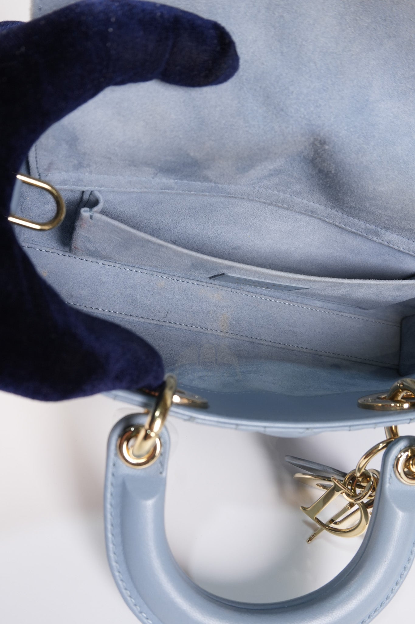 Lady D-Joy Medium Blue Cannage Lambskin Leather in Light Gold Hardware | Purse Maison Luxury Bags Shop