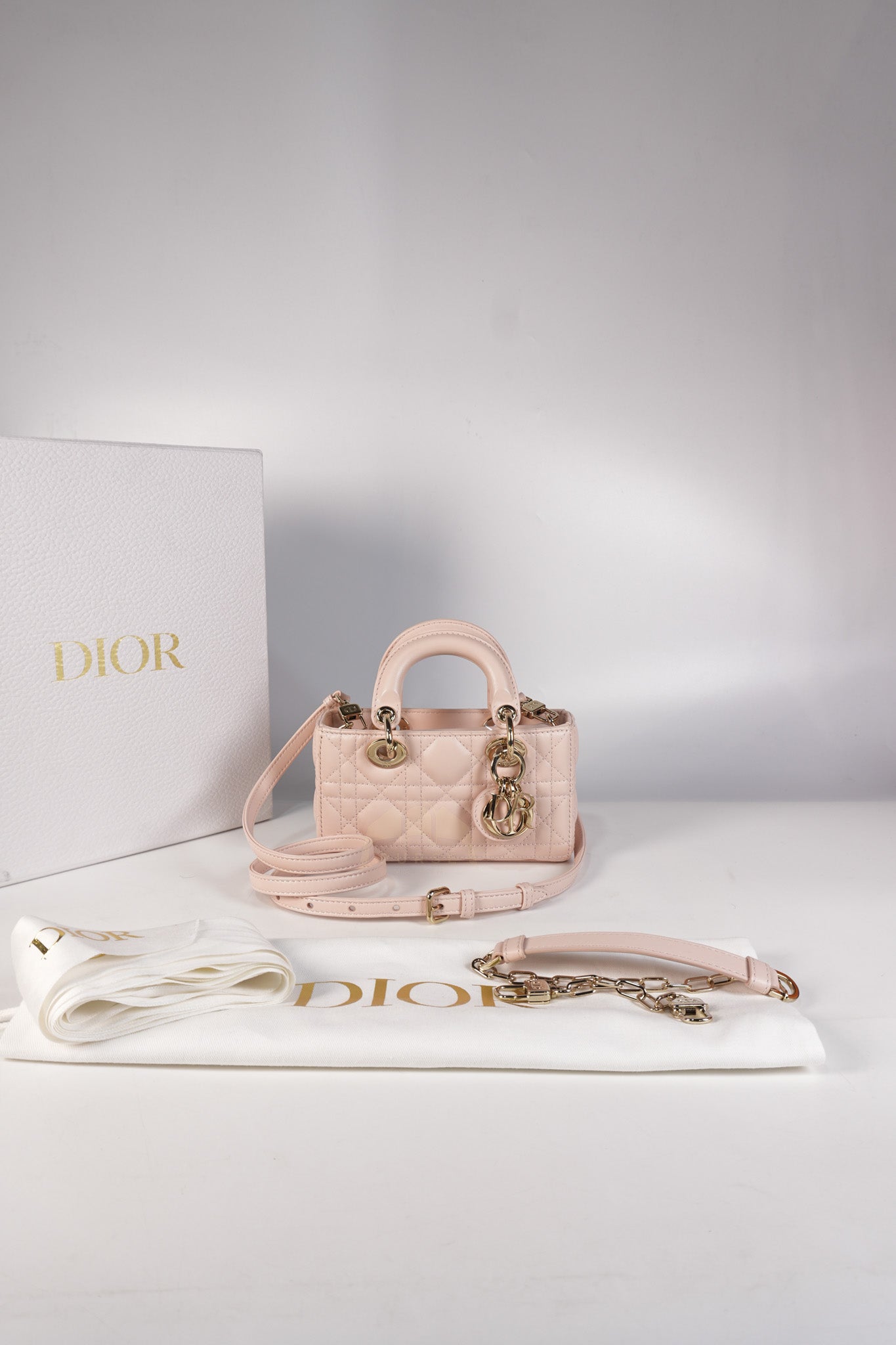 Lady D-joy Micro in Rose Poudre Cannage Lambskin Leather Light Gold hardware | Purse Maison Luxury Bags Shop