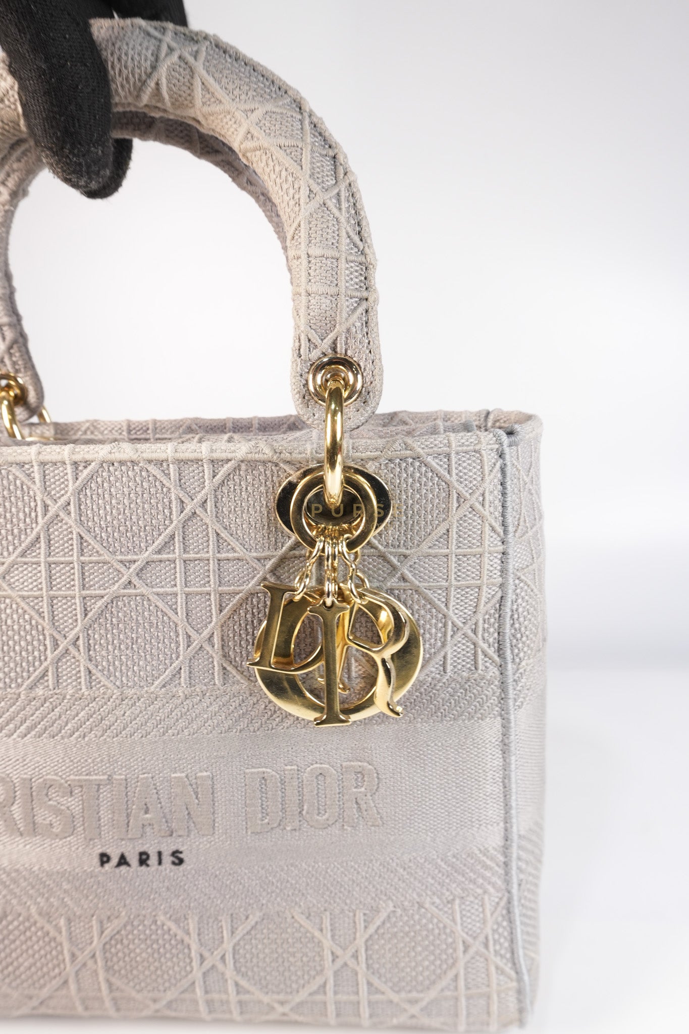 Lady D-Lite in Medium Gray Canvas and Light Gold Hardware | Purse Maison Luxury Bags Shop