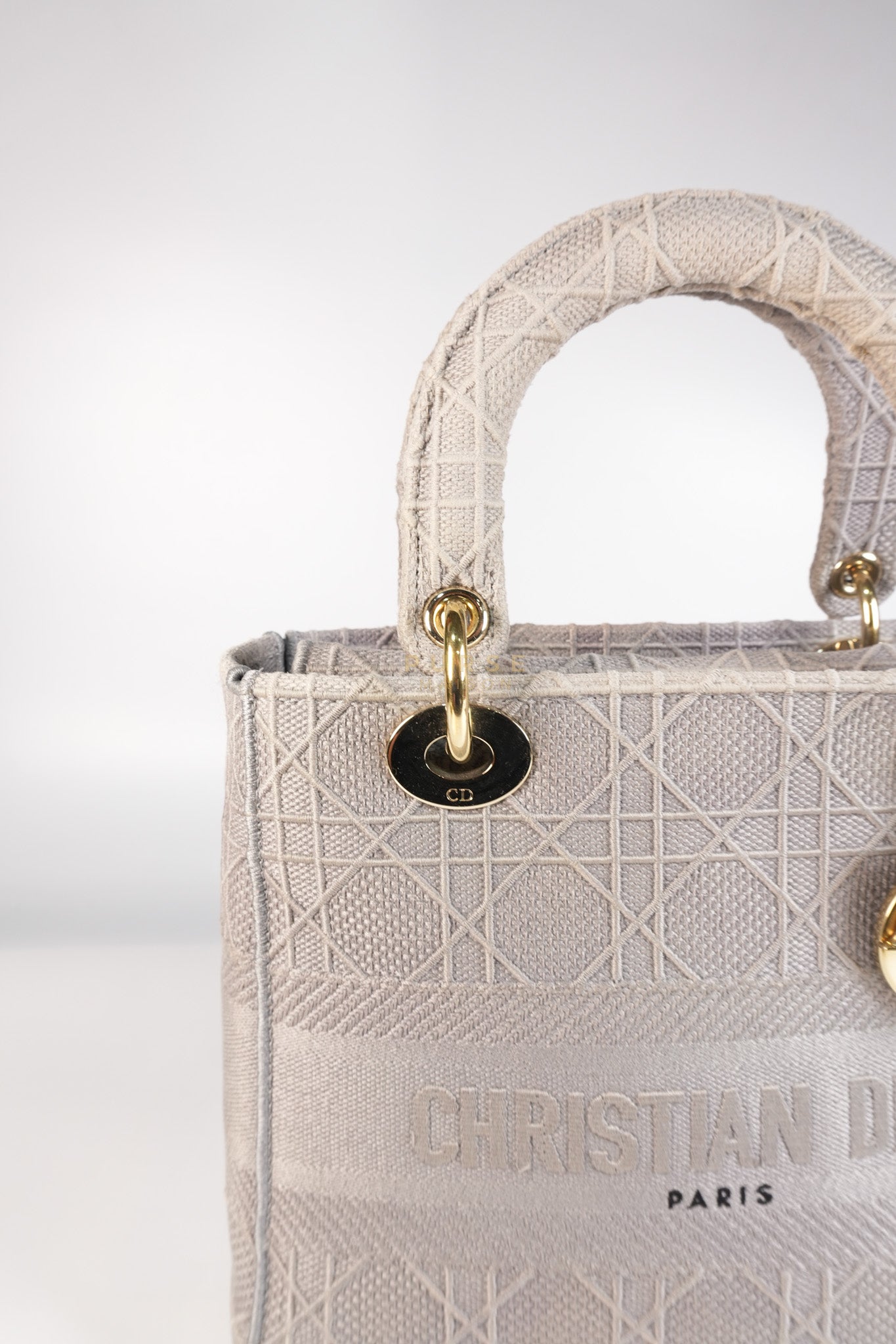 Lady D-Lite in Medium Gray Canvas and Light Gold Hardware | Purse Maison Luxury Bags Shop