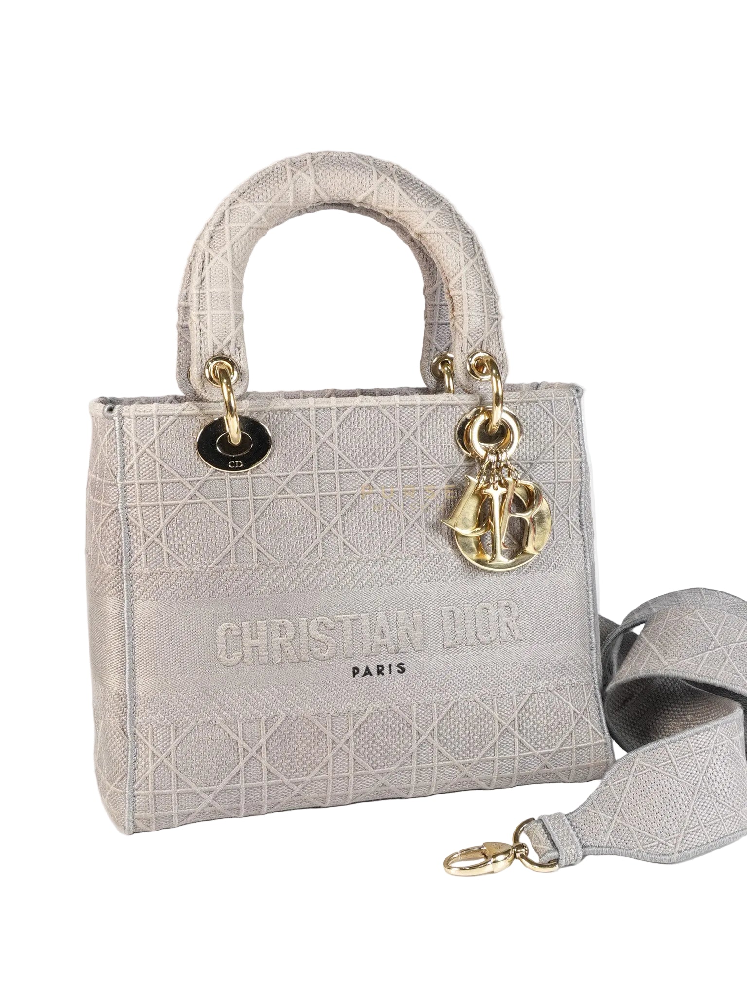 Lady D-Lite in Medium Gray Canvas and Light Gold Hardware | Purse Maison Luxury Bags Shop
