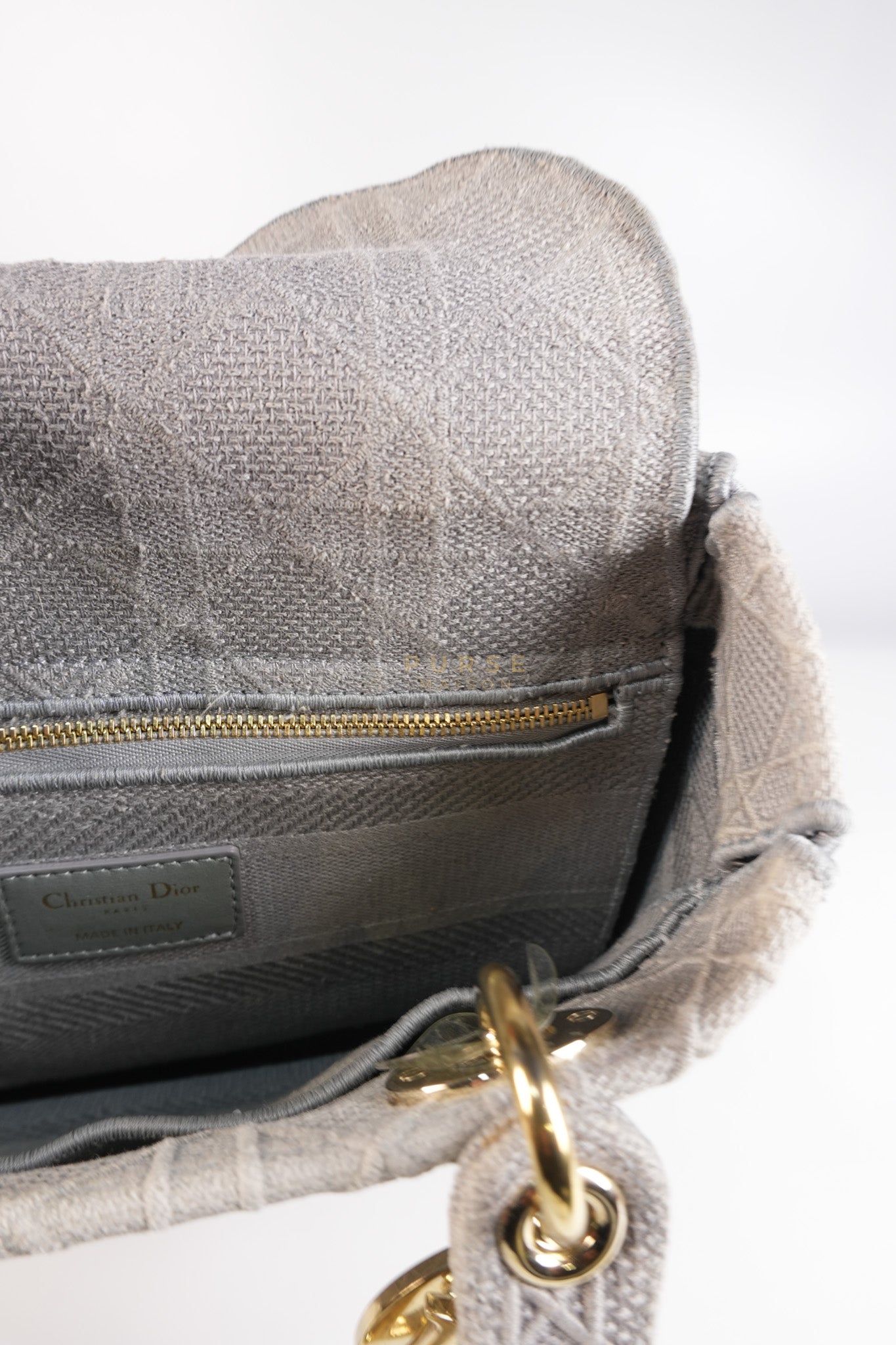 Lady D-Lite in Medium Gray Canvas and Light Gold Hardware | Purse Maison Luxury Bags Shop