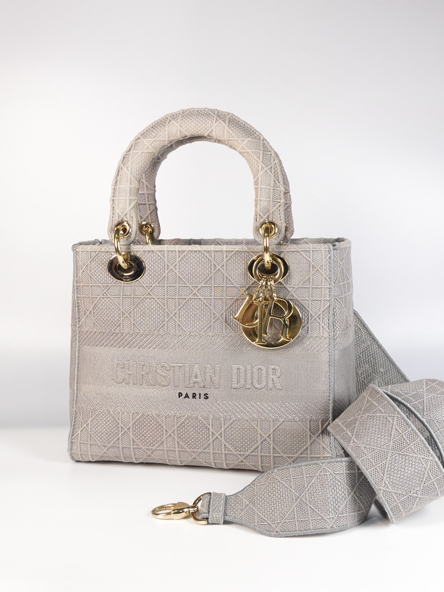 Lady D-Lite in Medium Gray Canvas and Light Gold Hardware | Purse Maison Luxury Bags Shop
