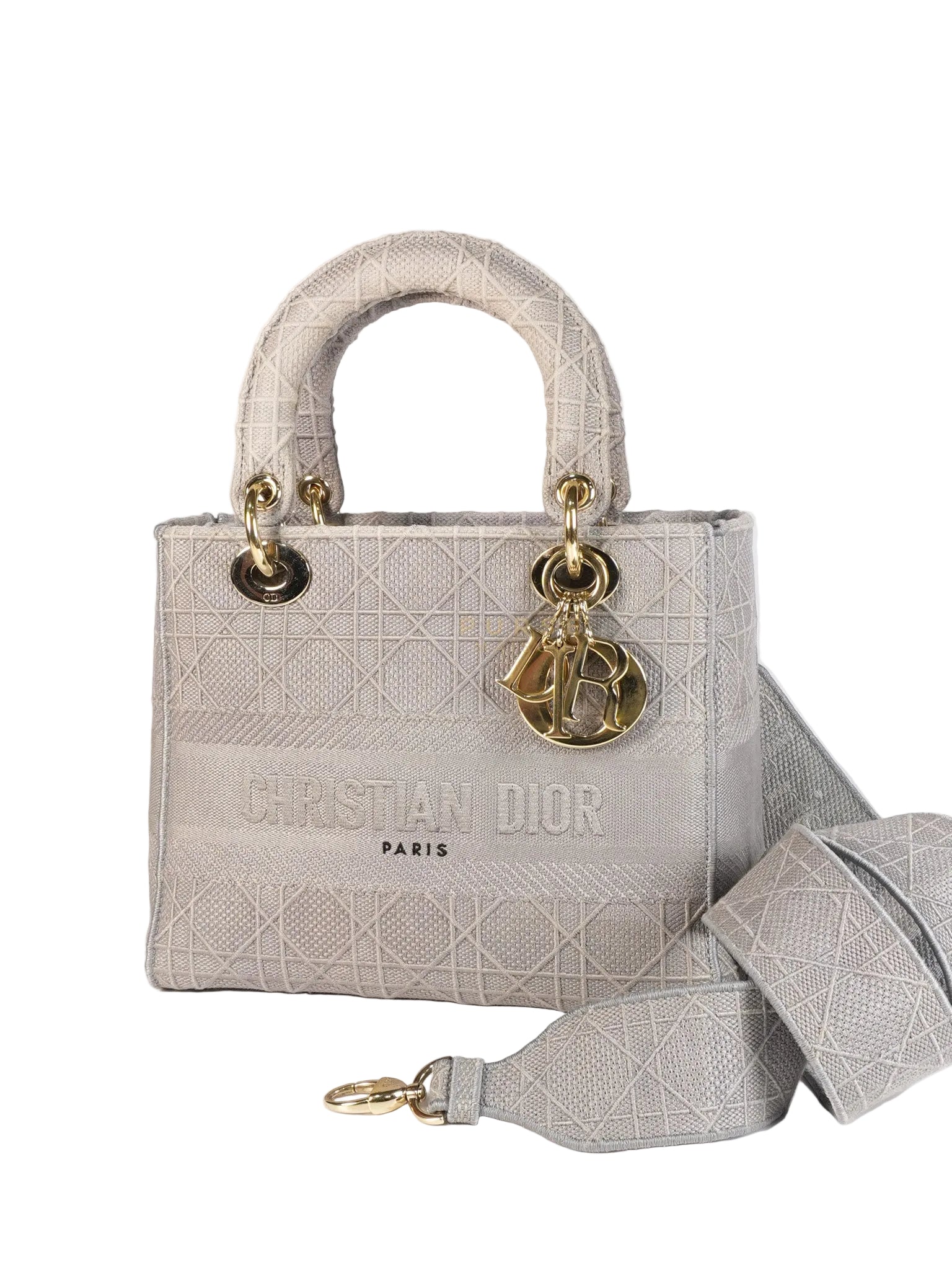 Lady D-Lite in Medium Gray Canvas and Light Gold Hardware | Purse Maison Luxury Bags Shop