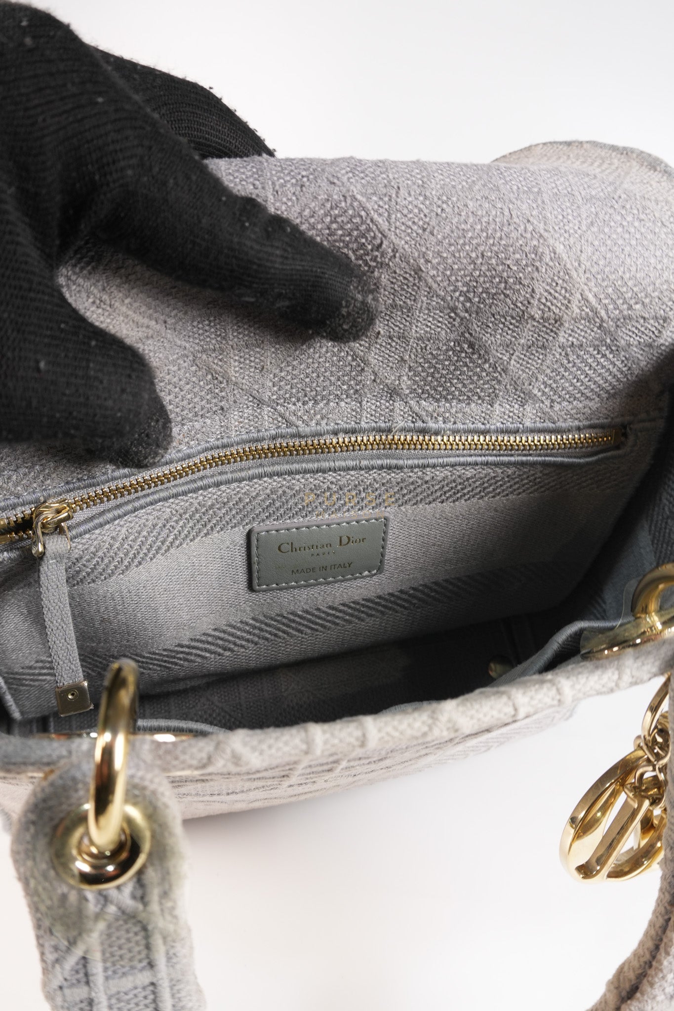 Lady D-Lite in Medium Gray Canvas and Light Gold Hardware | Purse Maison Luxury Bags Shop