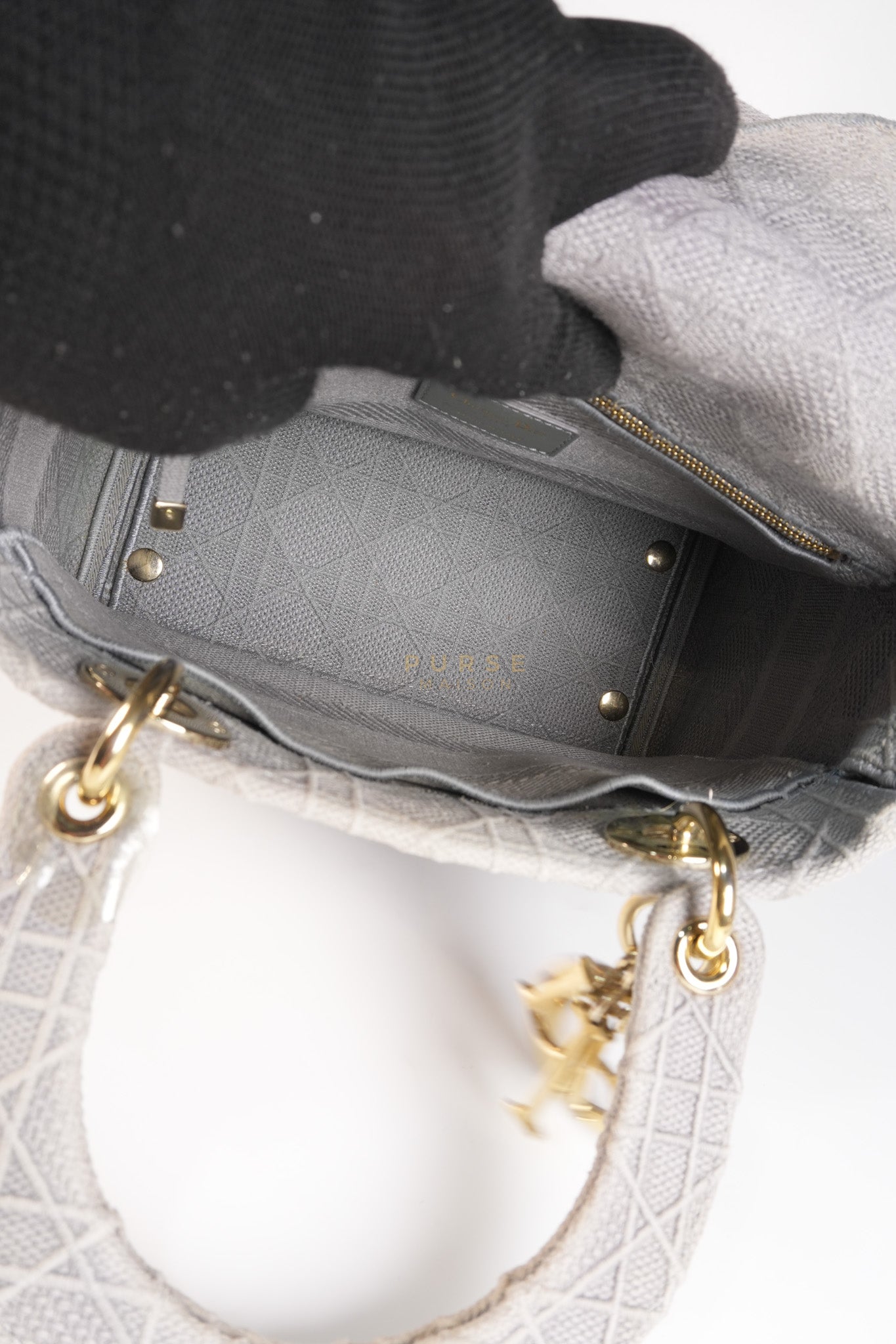 Lady D-Lite in Medium Gray Canvas and Light Gold Hardware | Purse Maison Luxury Bags Shop