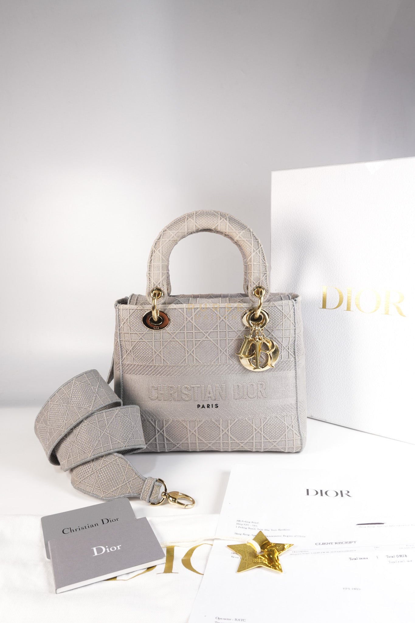 Lady D-Lite in Medium Gray Canvas and Light Gold Hardware | Purse Maison Luxury Bags Shop