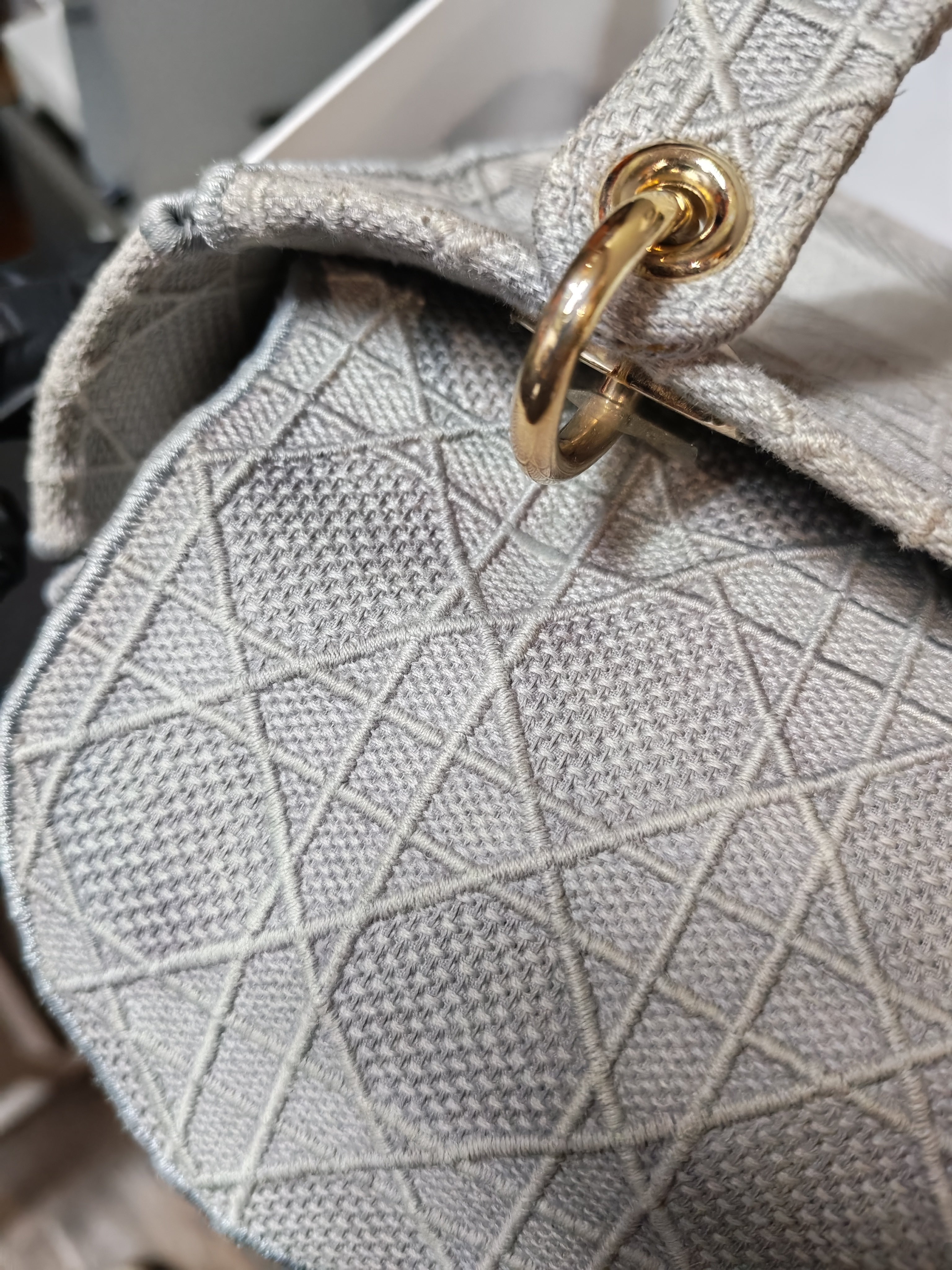 Lady D-Lite in Medium Gray Canvas and Light Gold Hardware | Purse Maison Luxury Bags Shop