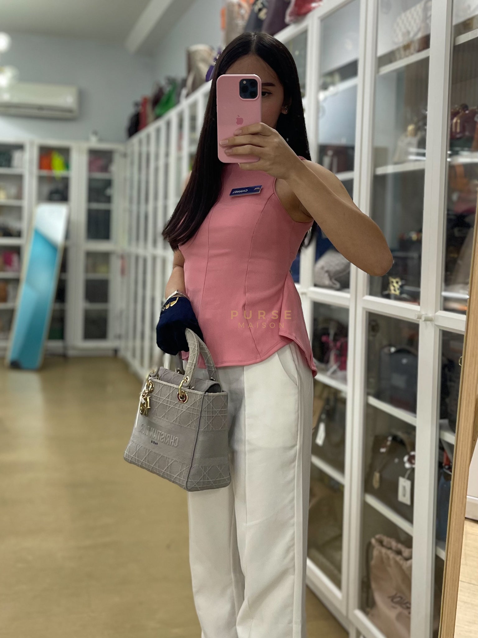 Lady D-Lite in Medium Gray Canvas and Light Gold Hardware | Purse Maison Luxury Bags Shop