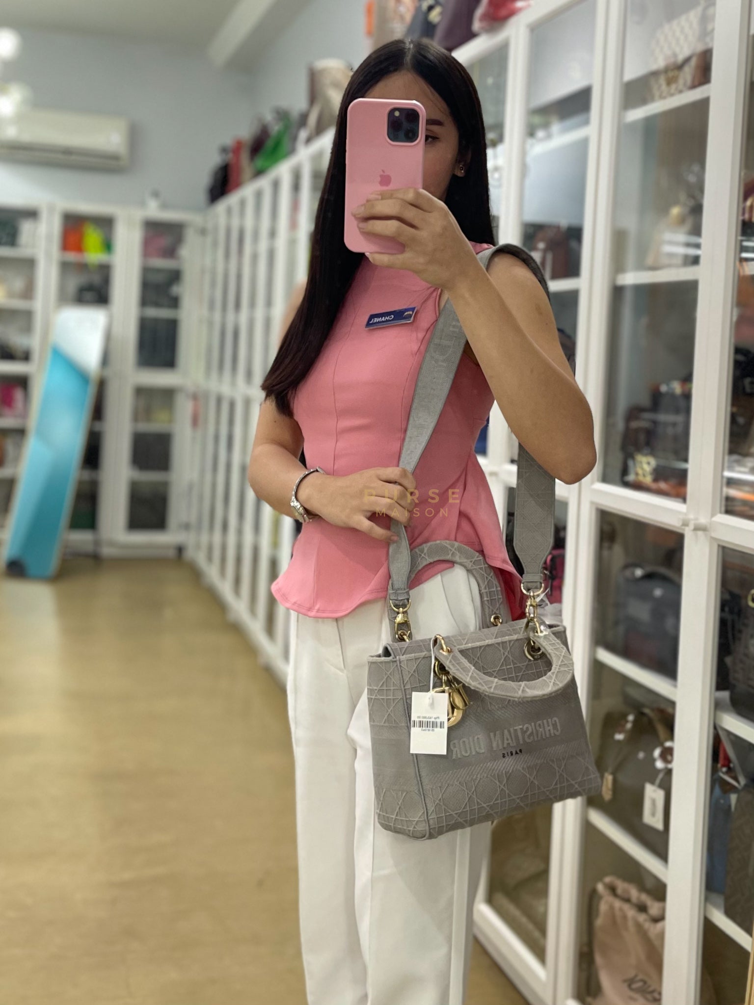 Lady D-Lite in Medium Gray Canvas and Light Gold Hardware | Purse Maison Luxury Bags Shop