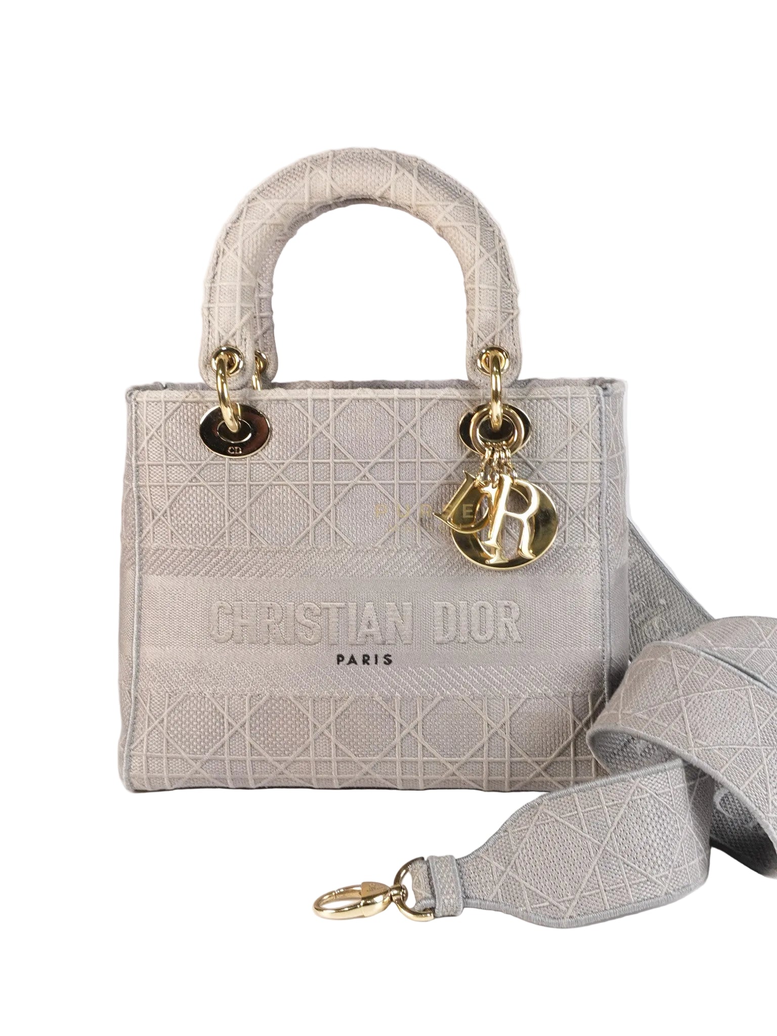 Lady D-Lite in Medium Gray Canvas and Light Gold Hardware | Purse Maison Luxury Bags Shop