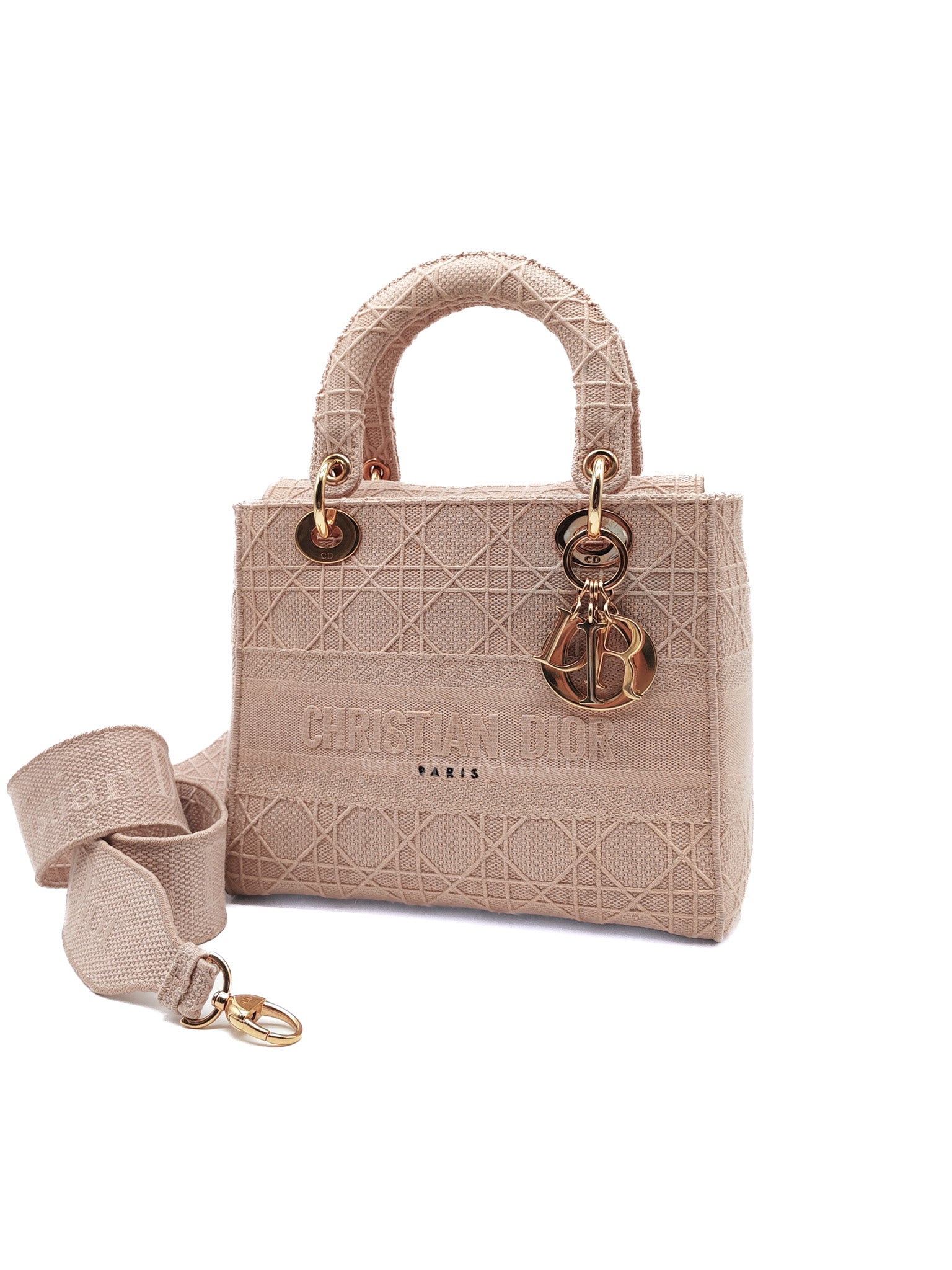 Lady D-Lite Medium in Blush Rose Canvas and Rose Gold Hardware Shoulder Bag | Purse Maison Luxury Bags Shop