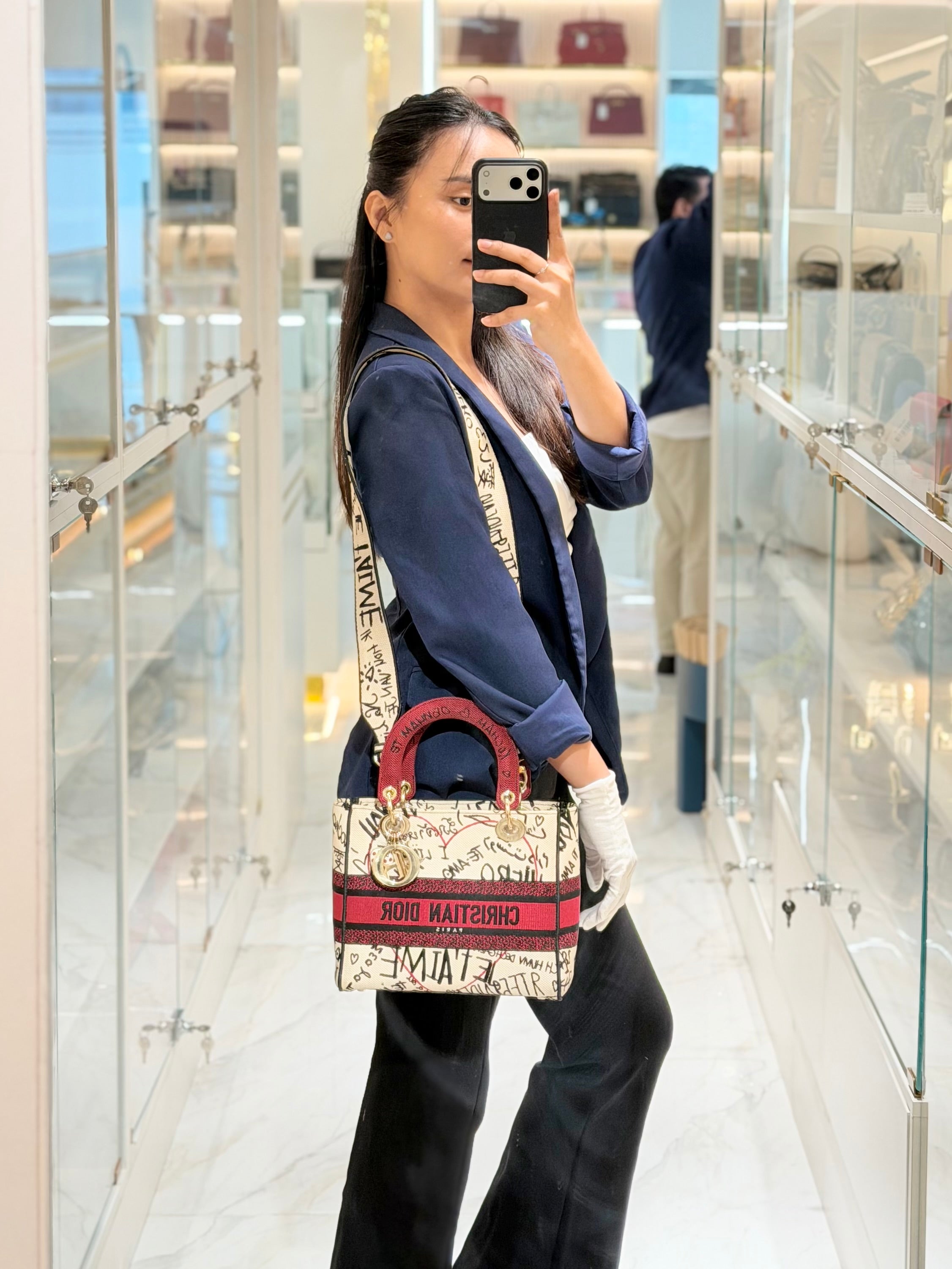 Lady D-Lite Medium in Latte Multicolor Dioramour Graffiti Embroidery & Light Gold Hardware | Purse Maison Luxury Bags Shop