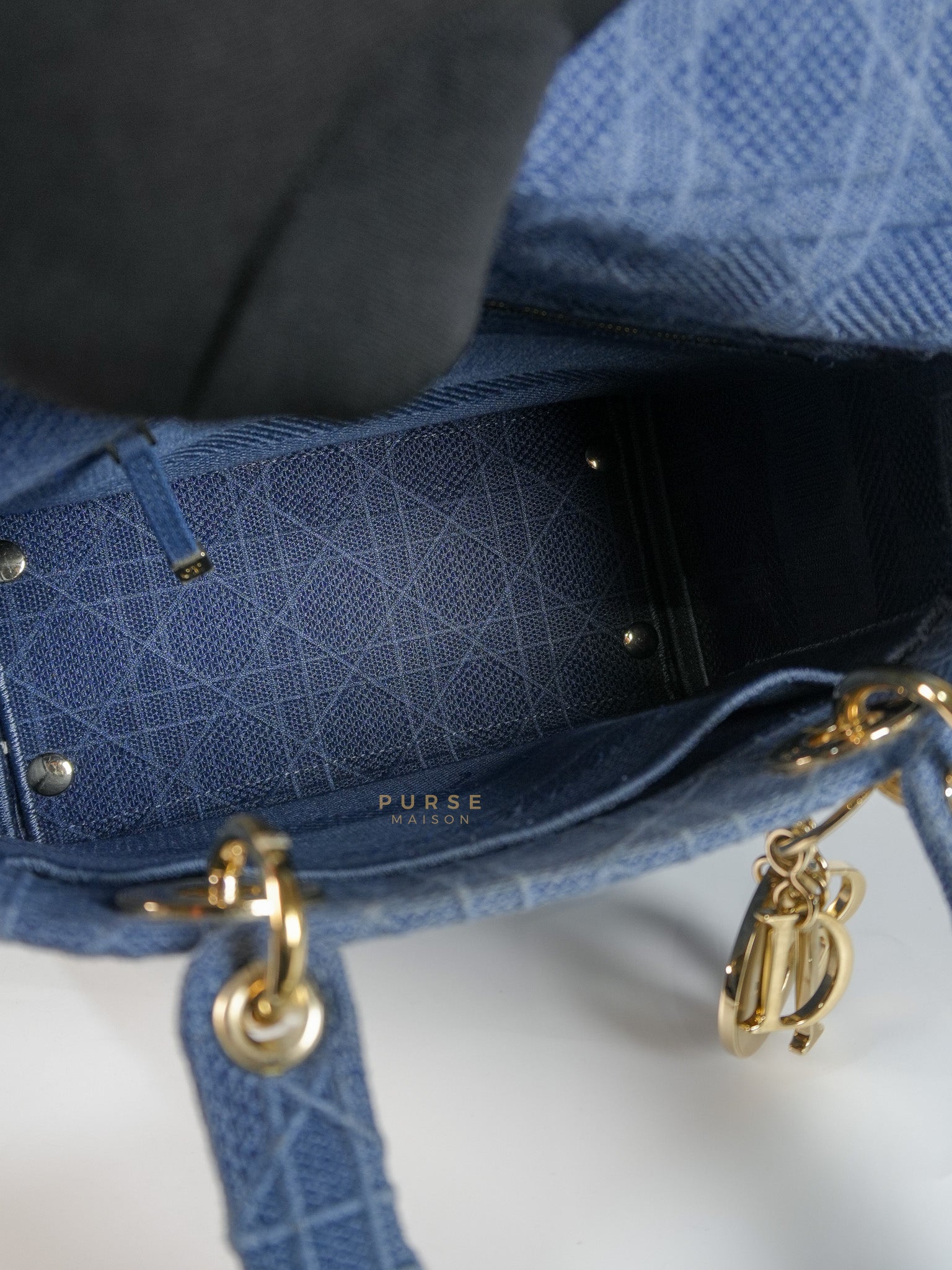 Lady Dior D-Lite Blue Medium Embroidered Cannage Quilt Canvas | Purse Maison Luxury Bags Shop