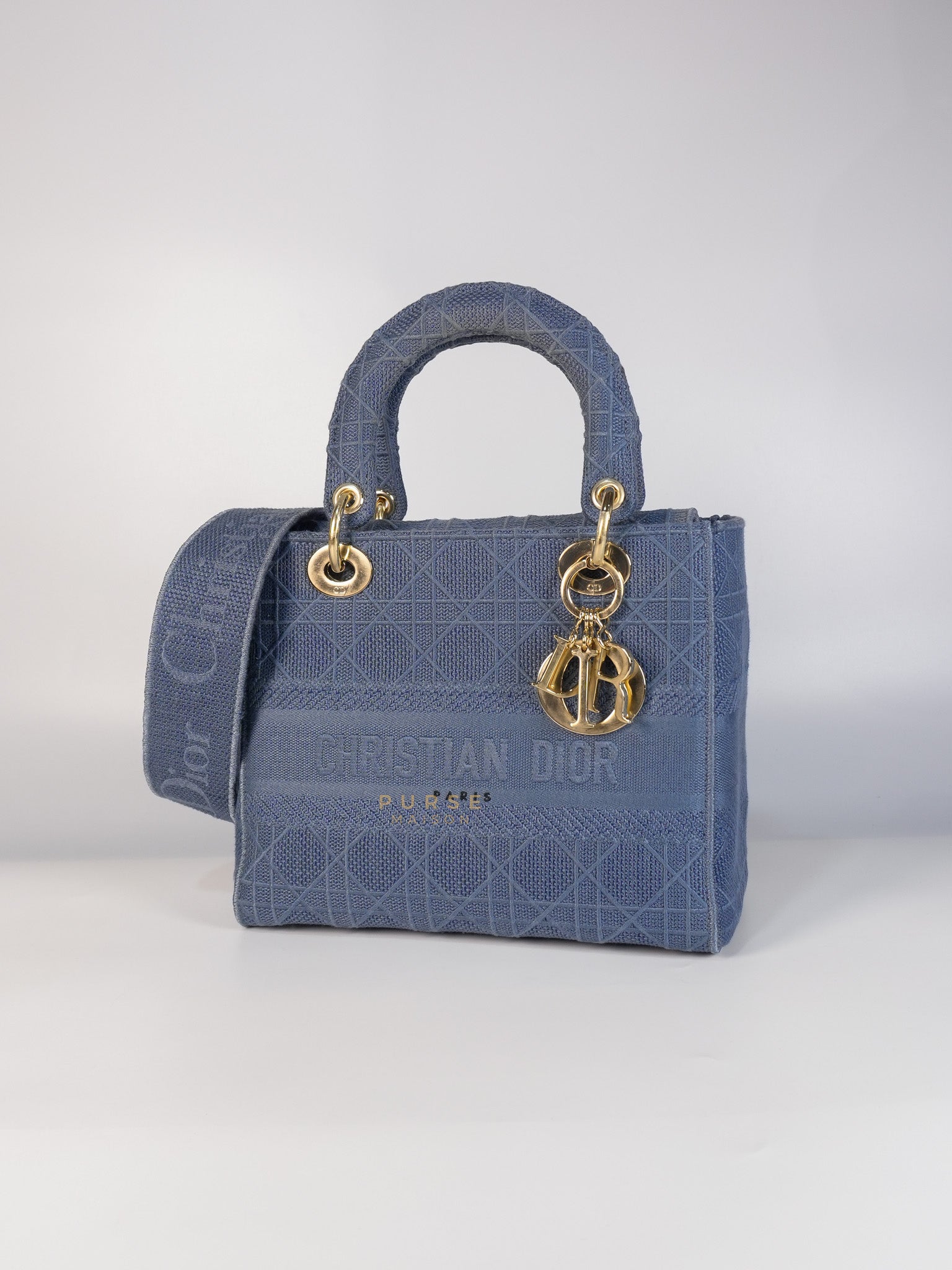 Lady Dior D-Lite Blue Medium Embroidered Cannage Quilt Canvas | Purse Maison Luxury Bags Shop