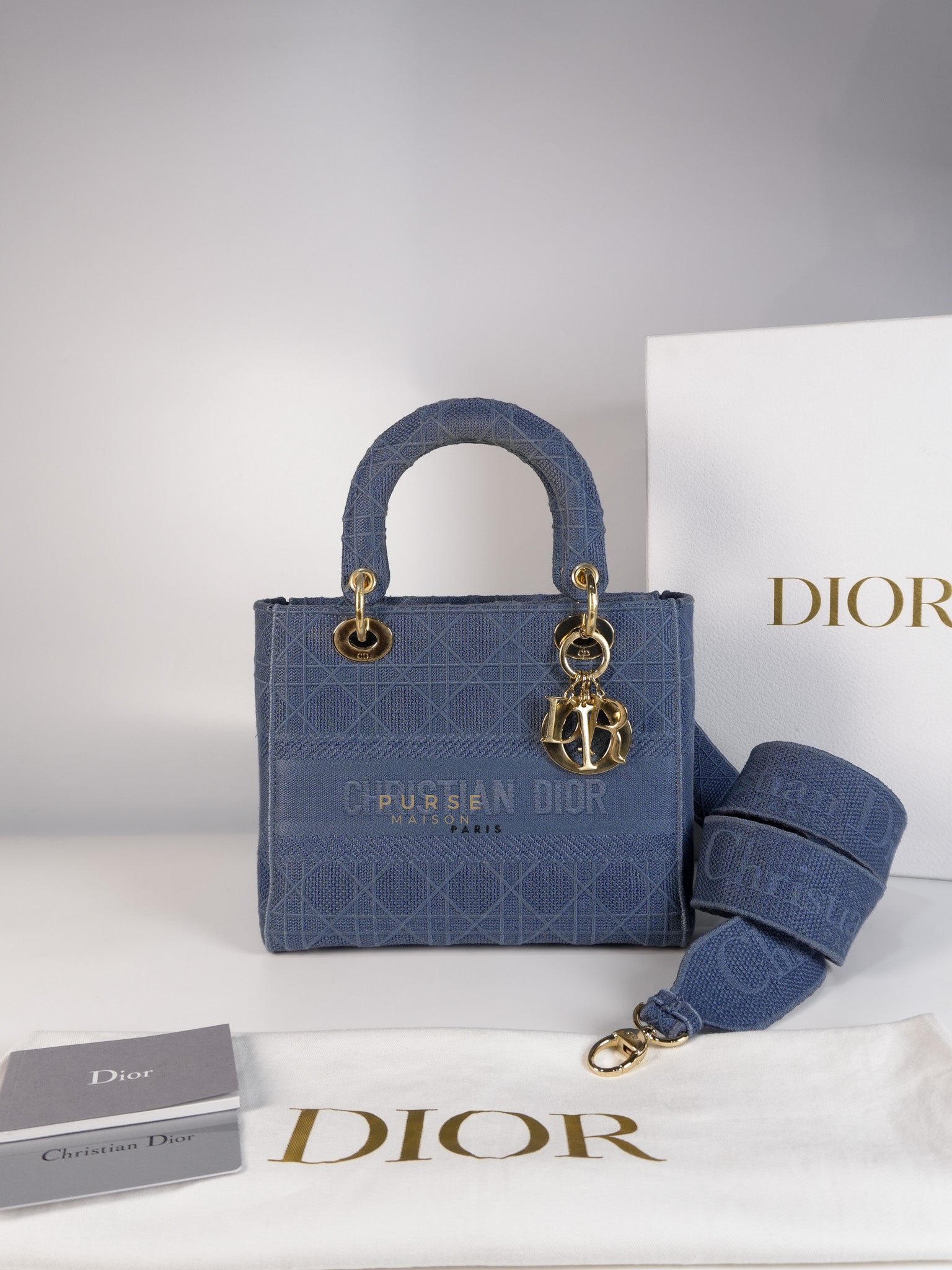 Lady Dior D-Lite Blue Medium Embroidered Cannage Quilt Canvas | Purse Maison Luxury Bags Shop