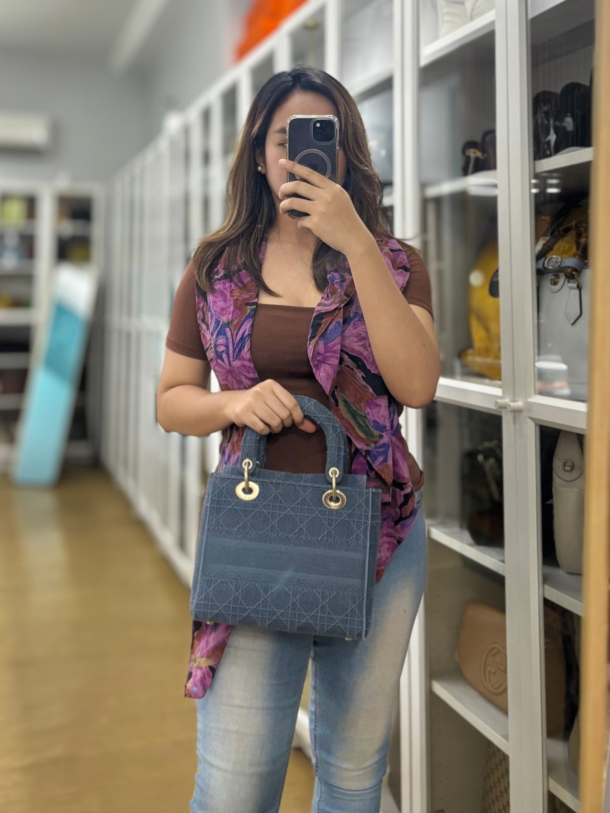 Lady Dior D-Lite Blue Medium Embroidered Cannage Quilt Canvas | Purse Maison Luxury Bags Shop