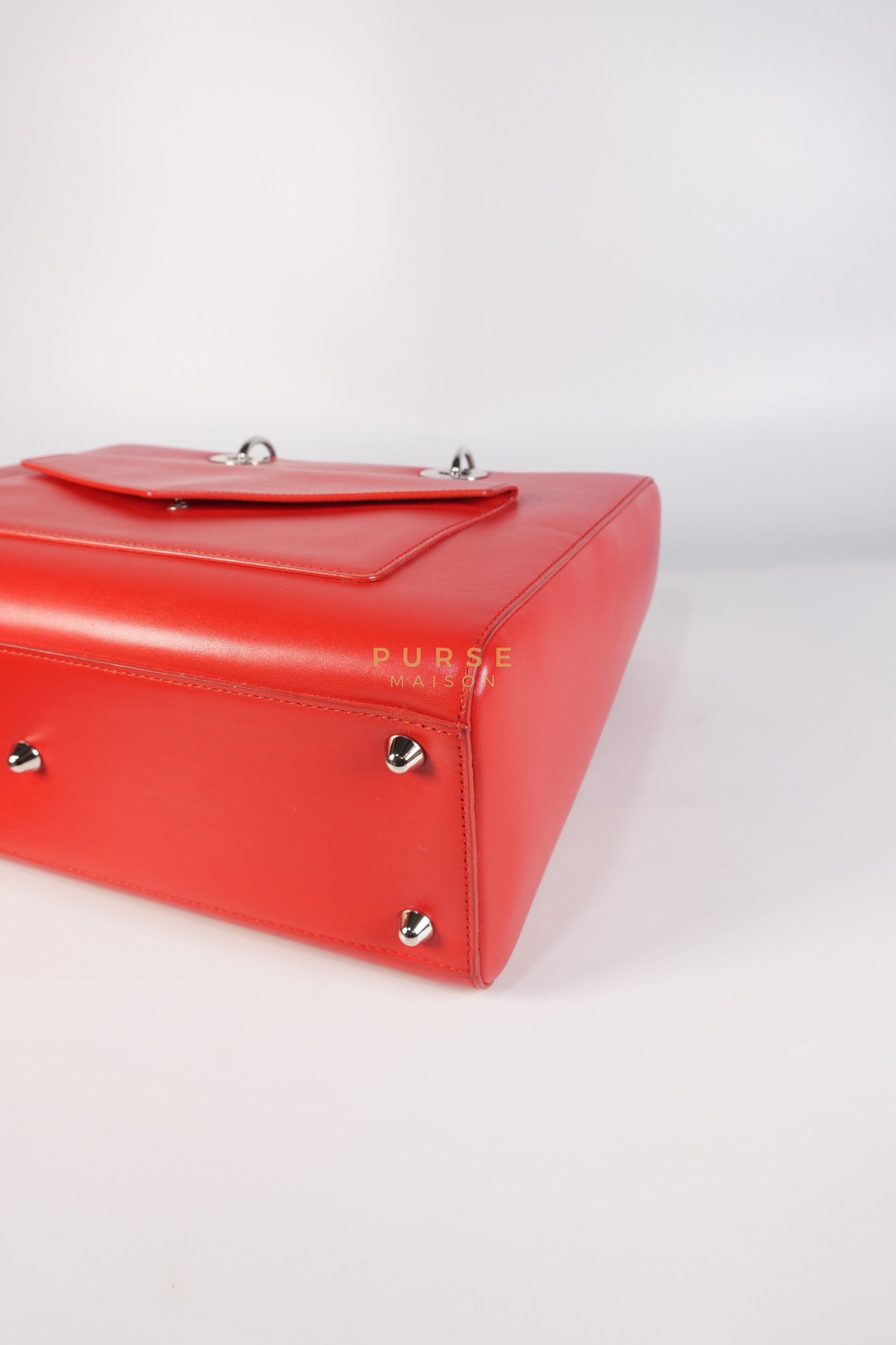 Lady Dior Front Pocket Large Tote Bag in Red Smooth Calfskin Leather & Silver Hardware | Purse Maison Luxury Bags Shop