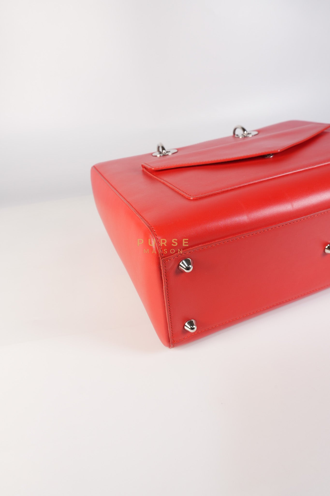 Lady Dior Front Pocket Large Tote Bag in Red Smooth Calfskin Leather & Silver Hardware | Purse Maison Luxury Bags Shop