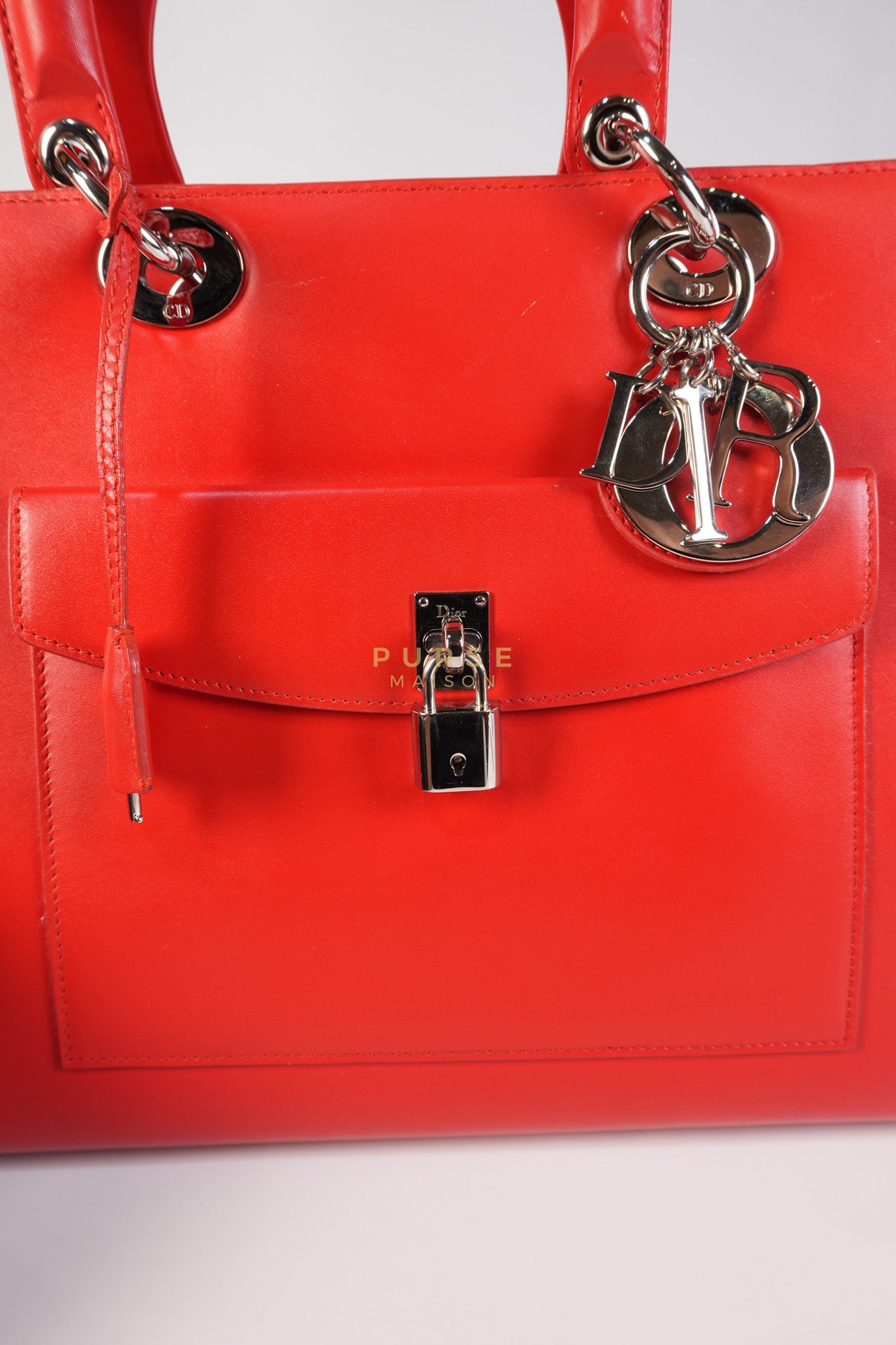 Lady Dior Front Pocket Large Tote Bag in Red Smooth Calfskin Leather & Silver Hardware | Purse Maison Luxury Bags Shop