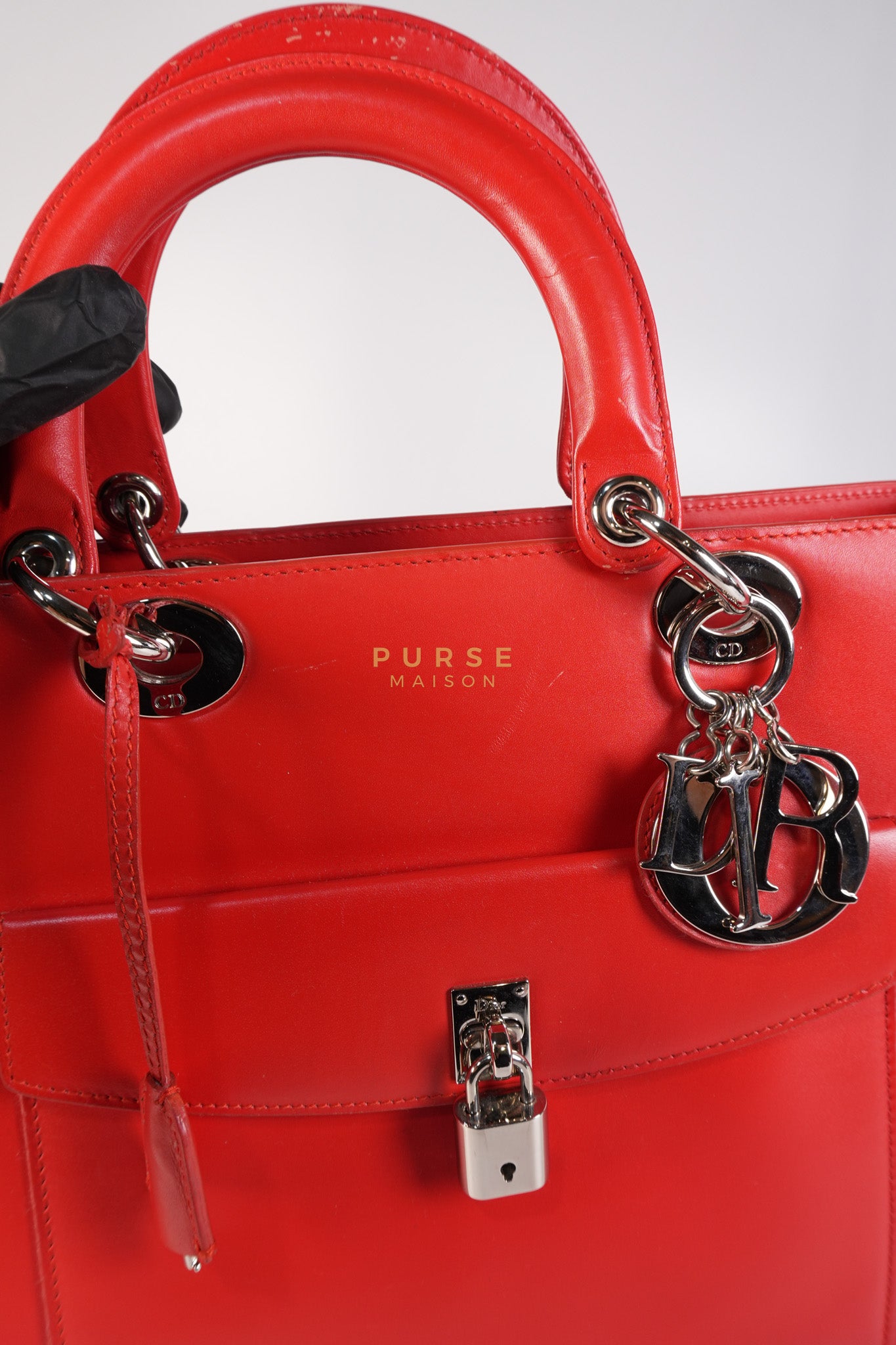 Lady Dior Front Pocket Large Tote Bag in Red Smooth Calfskin Leather & Silver Hardware | Purse Maison Luxury Bags Shop