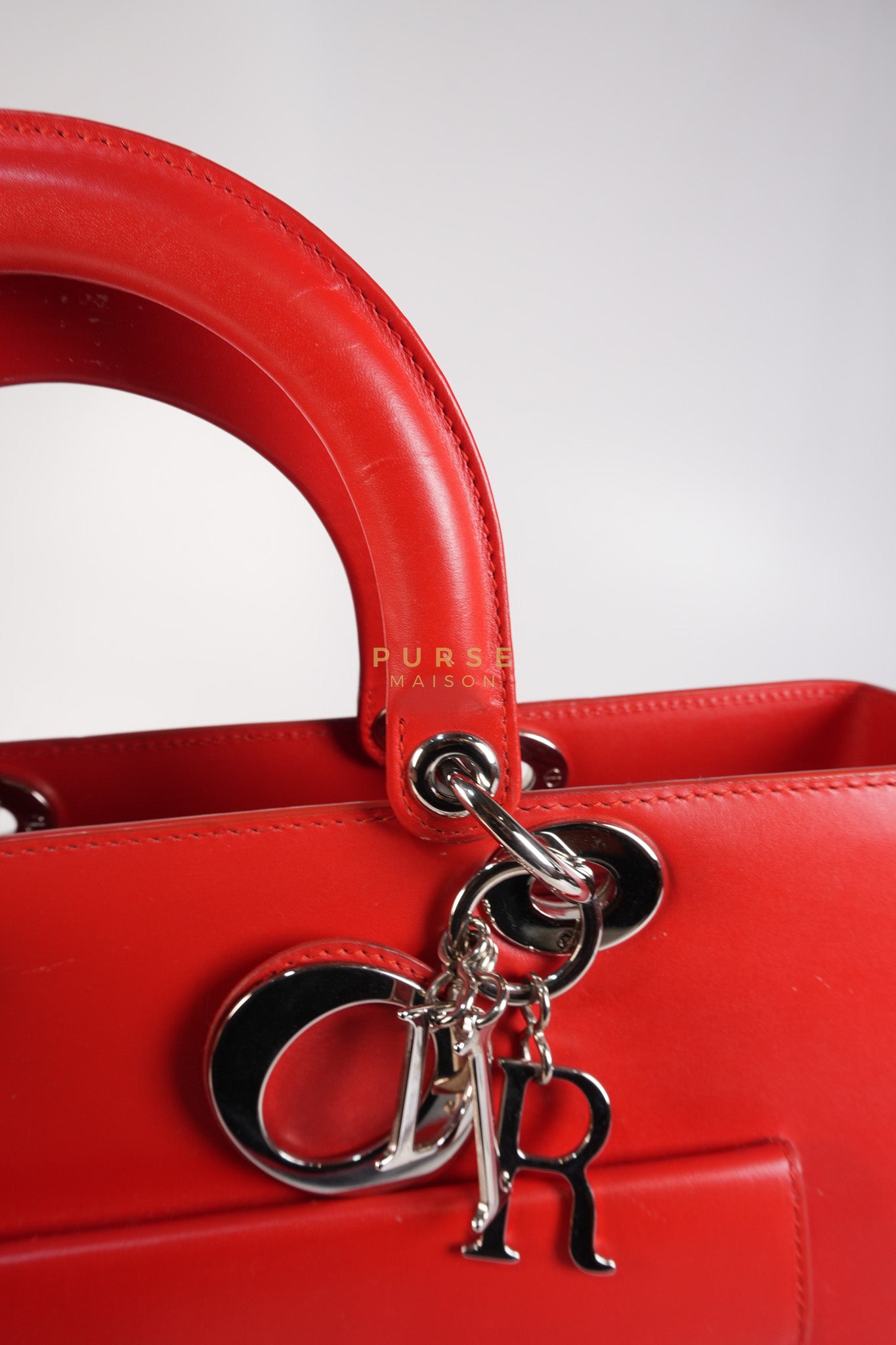 Lady Dior Front Pocket Large Tote Bag in Red Smooth Calfskin Leather & Silver Hardware | Purse Maison Luxury Bags Shop