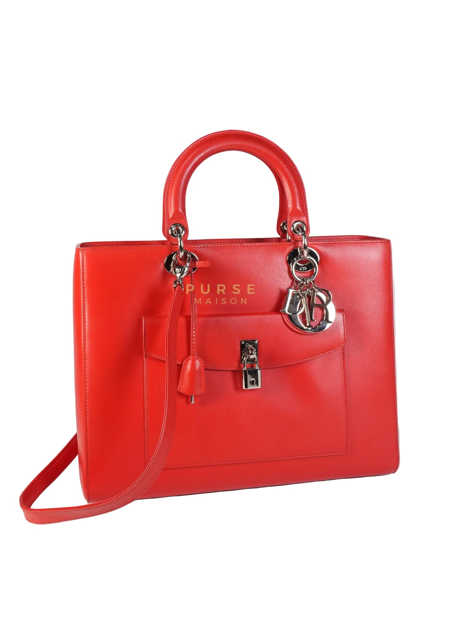 Lady Dior Front Pocket Large Tote Bag in Red Smooth Calfskin Leather & Silver Hardware | Purse Maison Luxury Bags Shop