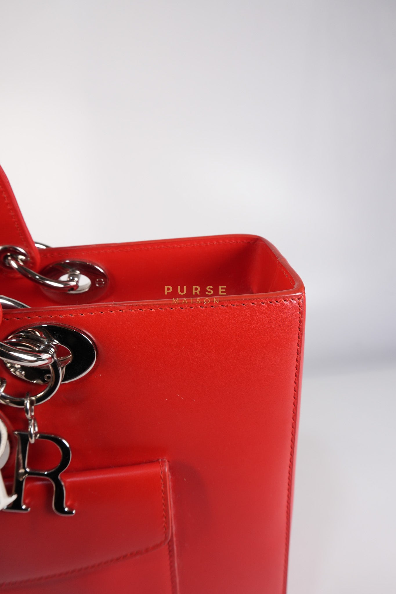 Lady Dior Front Pocket Large Tote Bag in Red Smooth Calfskin Leather & Silver Hardware | Purse Maison Luxury Bags Shop