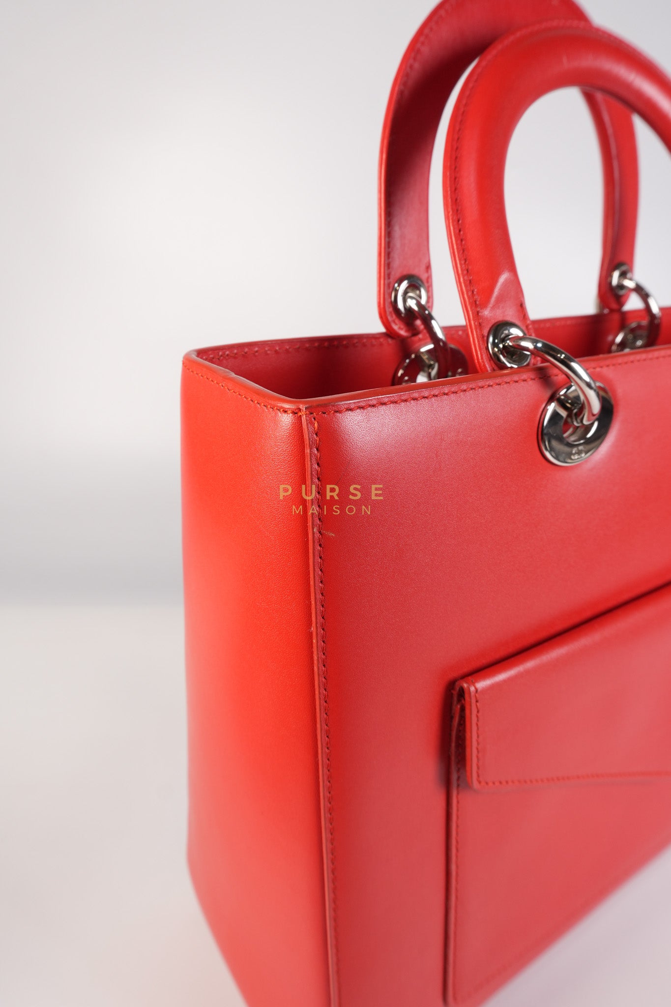 Lady Dior Front Pocket Large Tote Bag in Red Smooth Calfskin Leather & Silver Hardware | Purse Maison Luxury Bags Shop