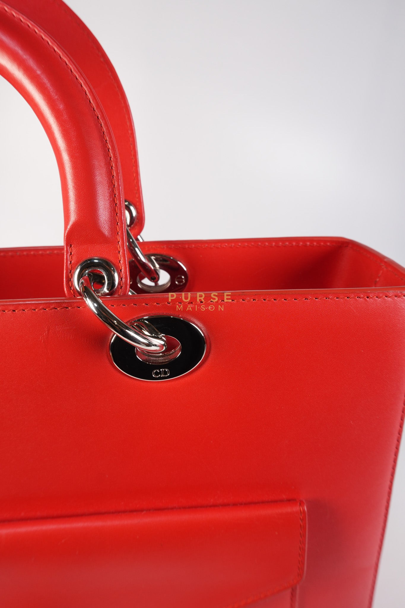 Lady Dior Front Pocket Large Tote Bag in Red Smooth Calfskin Leather & Silver Hardware | Purse Maison Luxury Bags Shop