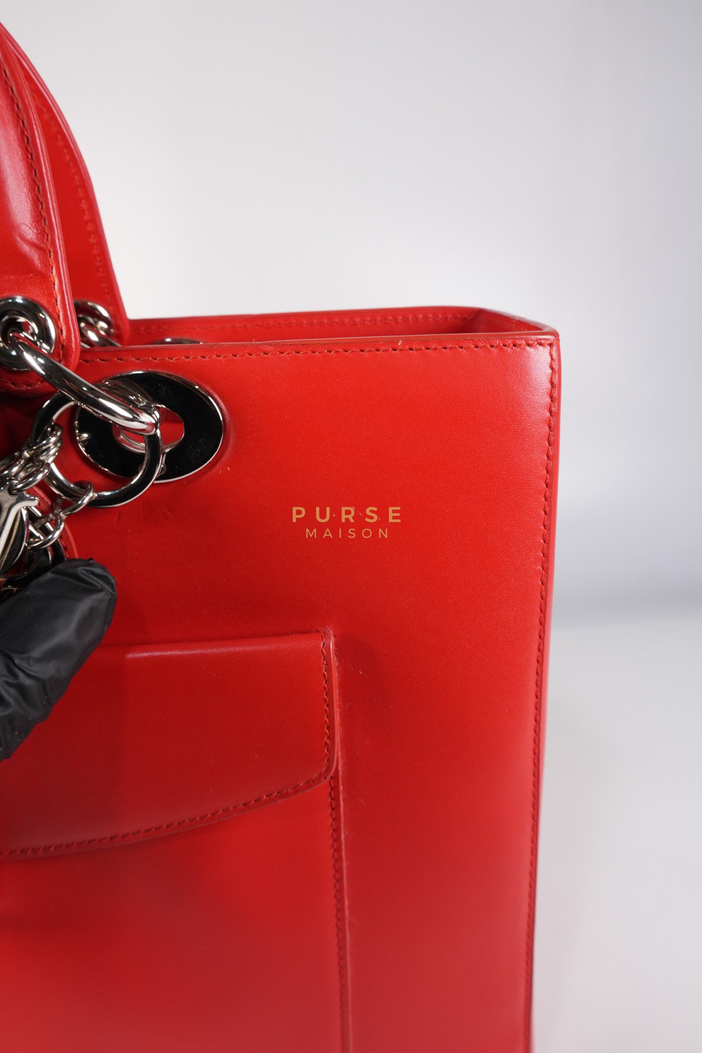 Lady Dior Front Pocket Large Tote Bag in Red Smooth Calfskin Leather & Silver Hardware | Purse Maison Luxury Bags Shop