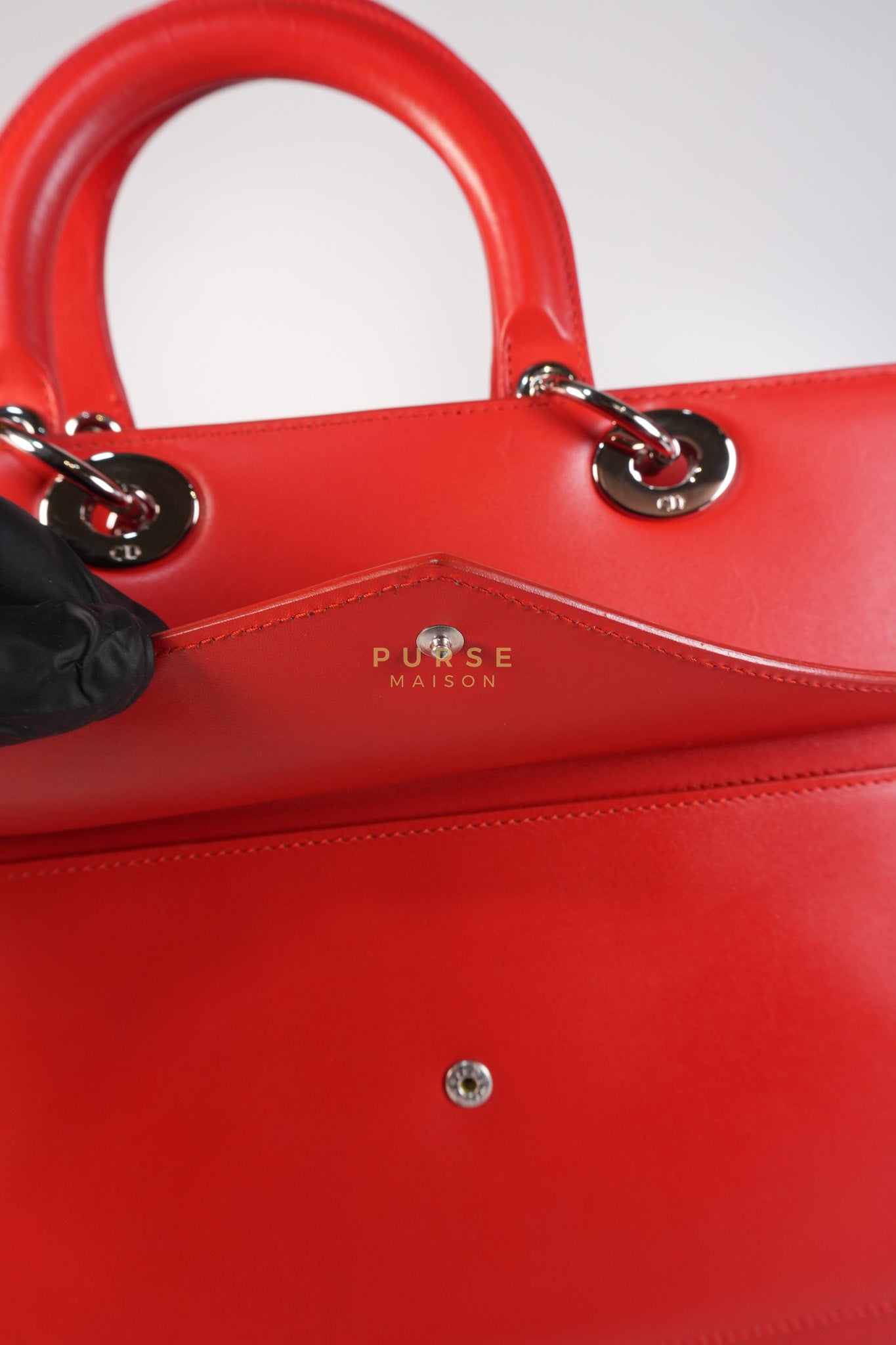 Lady Dior Front Pocket Large Tote Bag in Red Smooth Calfskin Leather & Silver Hardware | Purse Maison Luxury Bags Shop