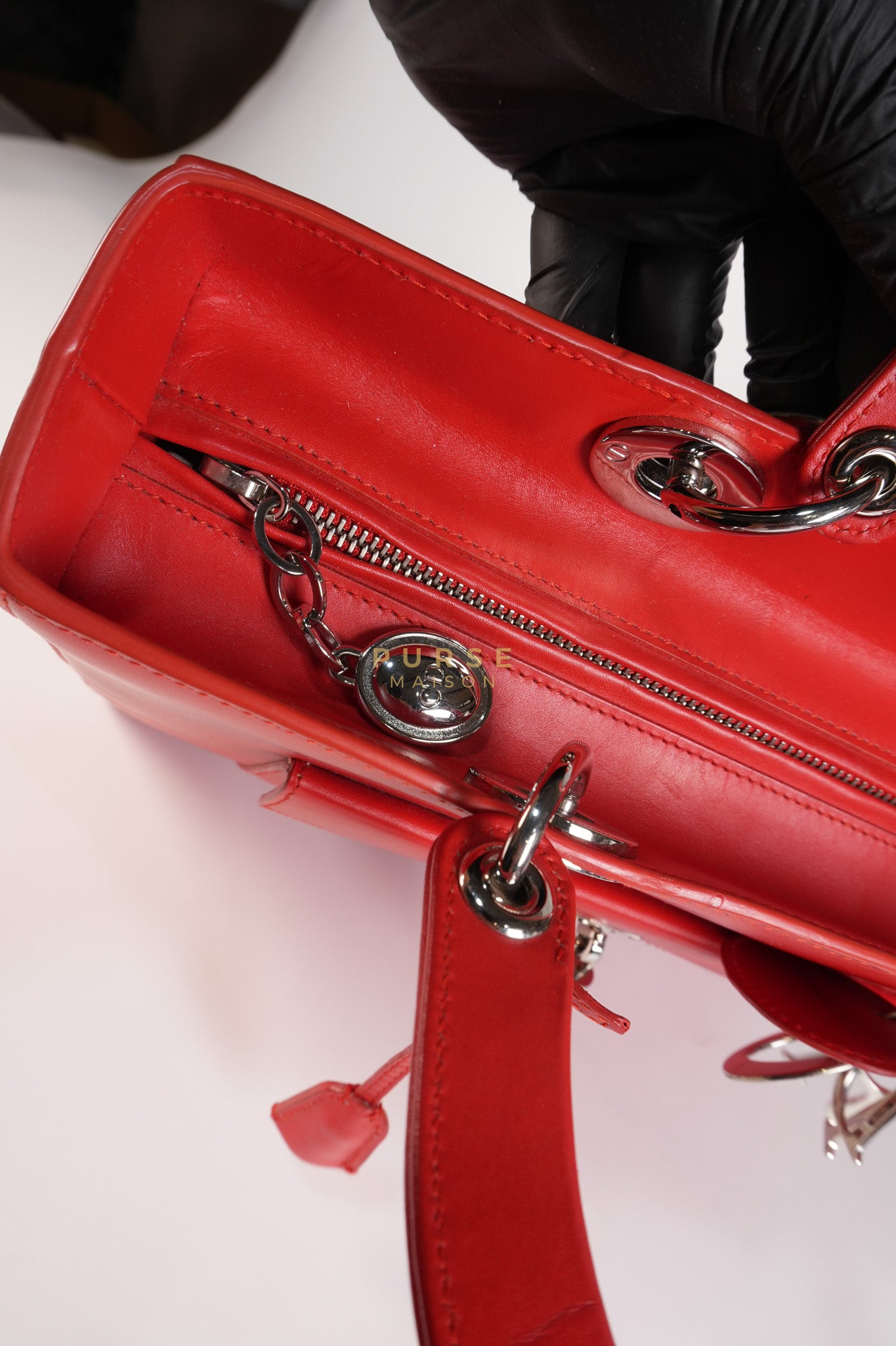 Lady Dior Front Pocket Large Tote Bag in Red Smooth Calfskin Leather & Silver Hardware | Purse Maison Luxury Bags Shop