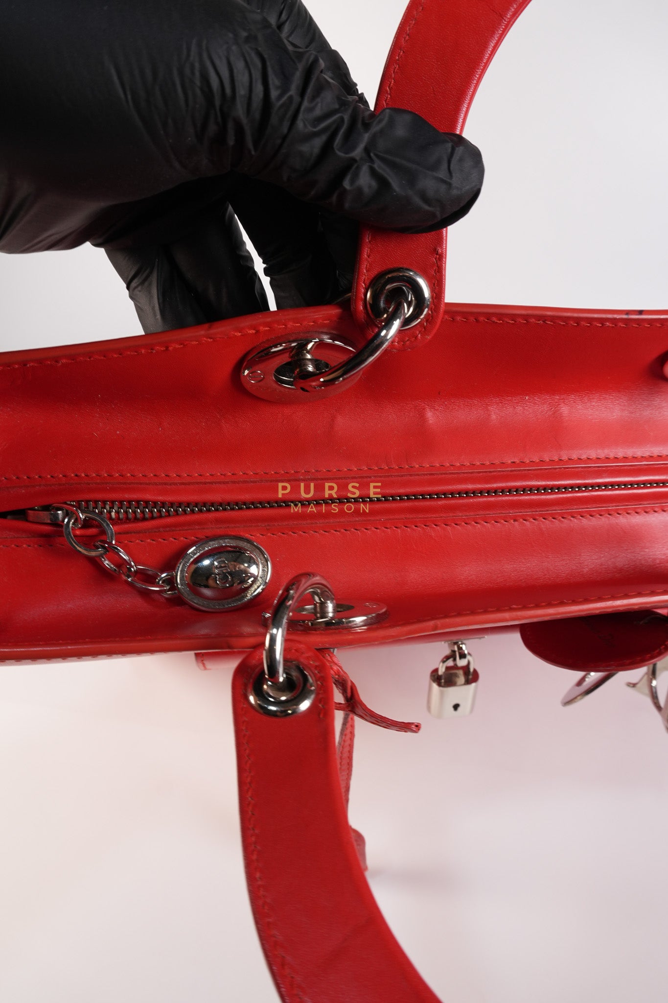 Lady Dior Front Pocket Large Tote Bag in Red Smooth Calfskin Leather & Silver Hardware | Purse Maison Luxury Bags Shop