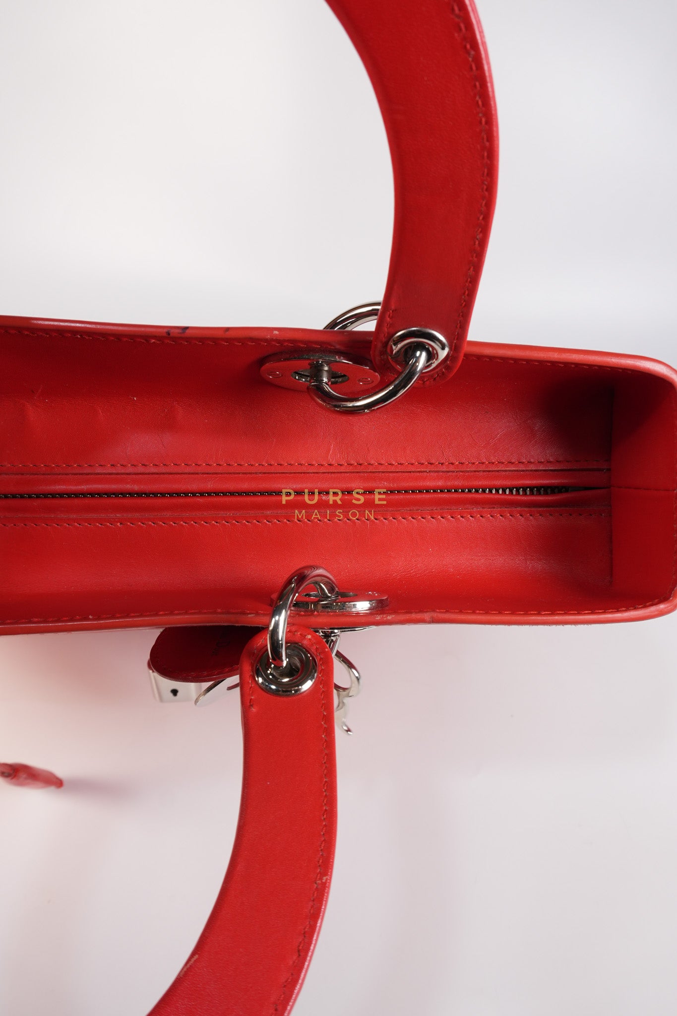 Lady Dior Front Pocket Large Tote Bag in Red Smooth Calfskin Leather & Silver Hardware | Purse Maison Luxury Bags Shop