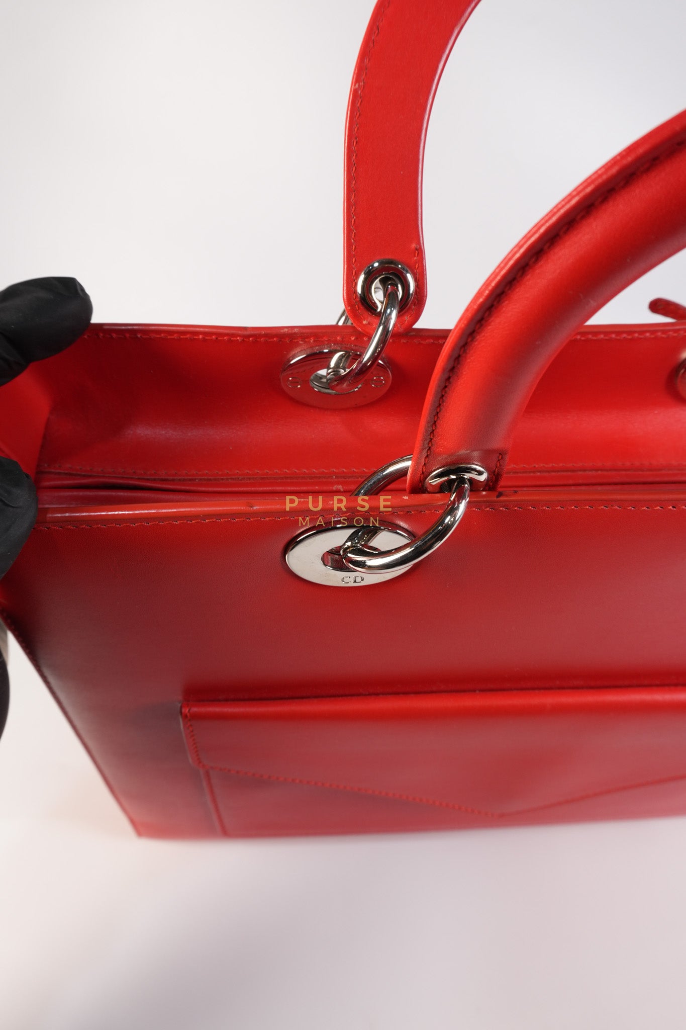 Lady Dior Front Pocket Large Tote Bag in Red Smooth Calfskin Leather & Silver Hardware | Purse Maison Luxury Bags Shop