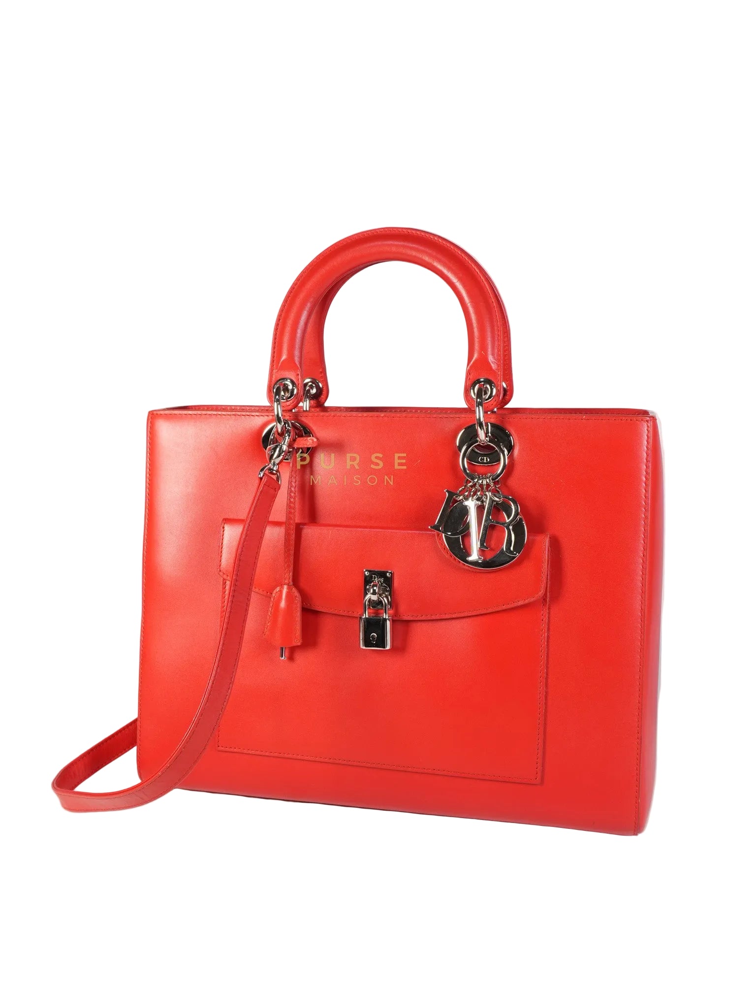 Lady Dior Front Pocket Large Tote Bag in Red Smooth Calfskin Leather & Silver Hardware | Purse Maison Luxury Bags Shop