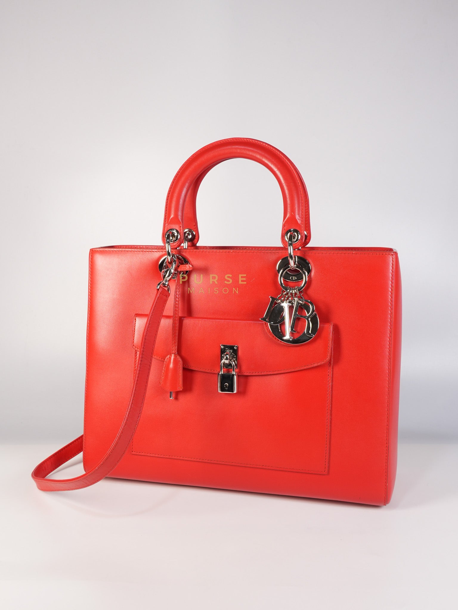 Lady Dior Front Pocket Large Tote Bag in Red Smooth Calfskin Leather & Silver Hardware | Purse Maison Luxury Bags Shop
