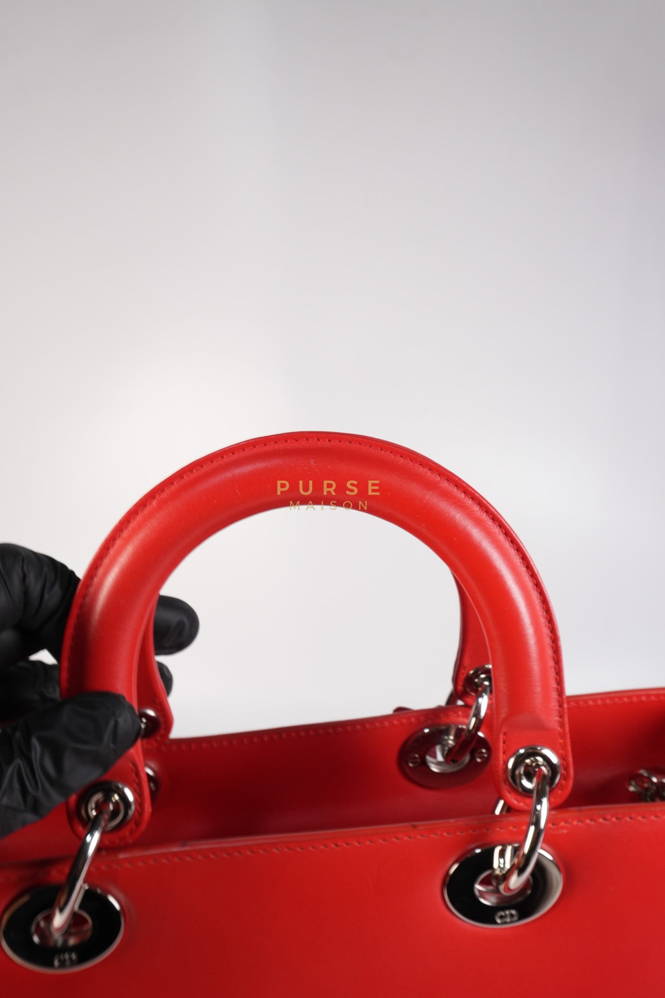 Lady Dior Front Pocket Large Tote Bag in Red Smooth Calfskin Leather & Silver Hardware | Purse Maison Luxury Bags Shop