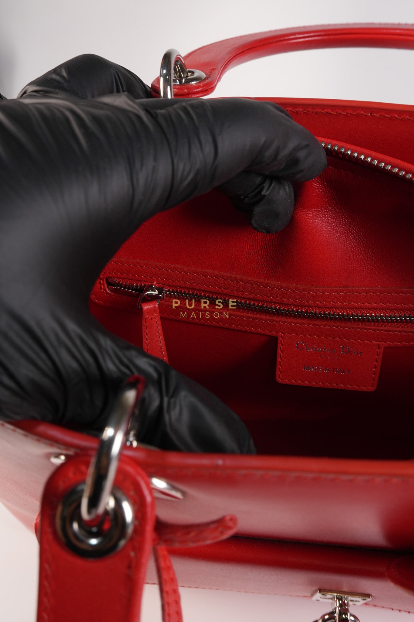 Lady Dior Front Pocket Large Tote Bag in Red Smooth Calfskin Leather & Silver Hardware | Purse Maison Luxury Bags Shop