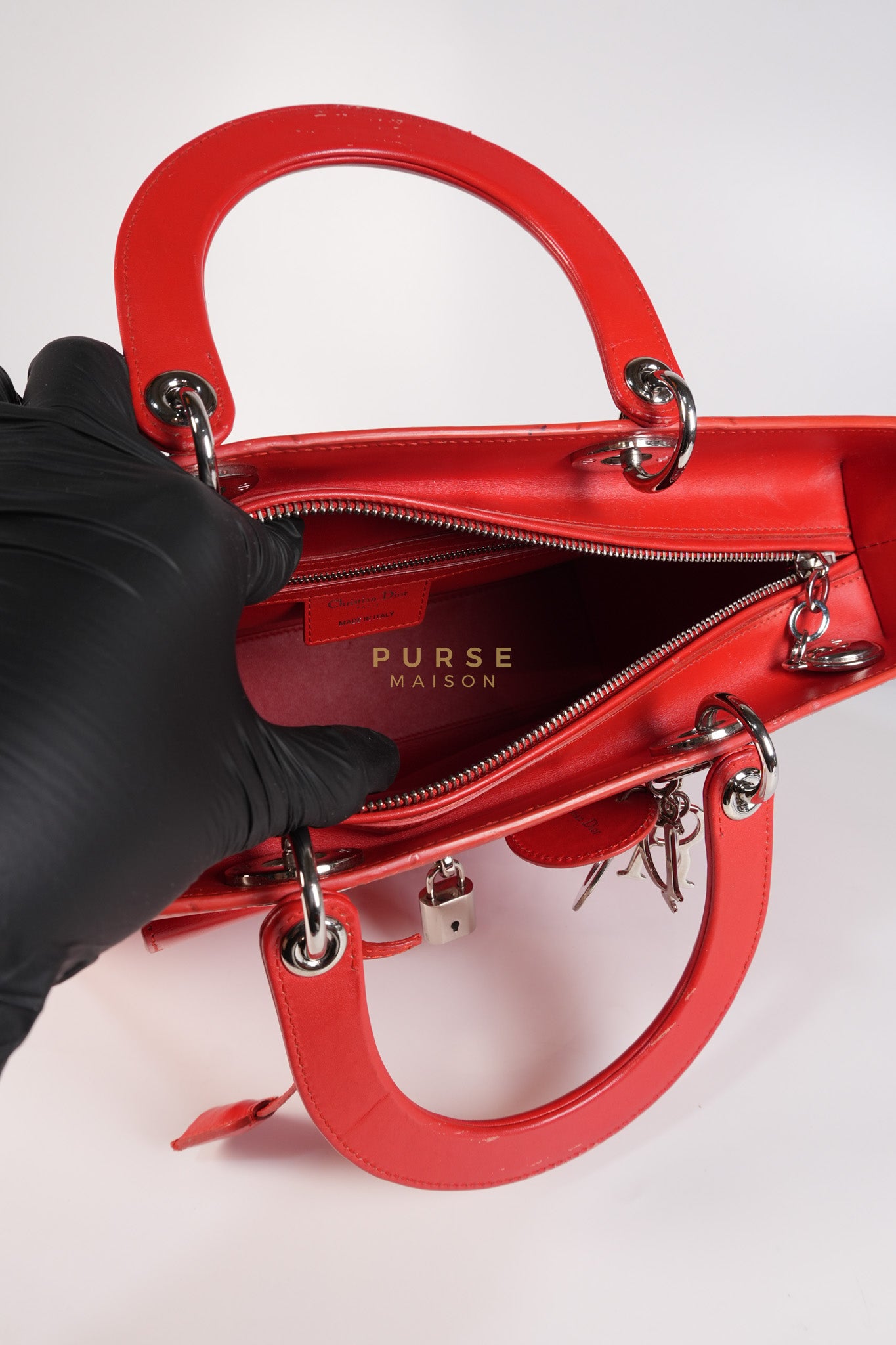 Lady Dior Front Pocket Large Tote Bag in Red Smooth Calfskin Leather & Silver Hardware | Purse Maison Luxury Bags Shop