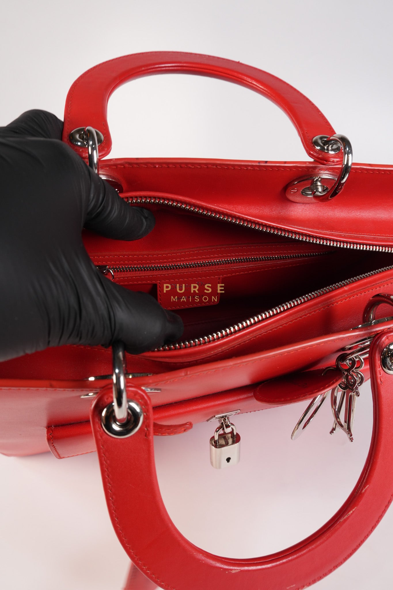 Lady Dior Front Pocket Large Tote Bag in Red Smooth Calfskin Leather & Silver Hardware | Purse Maison Luxury Bags Shop