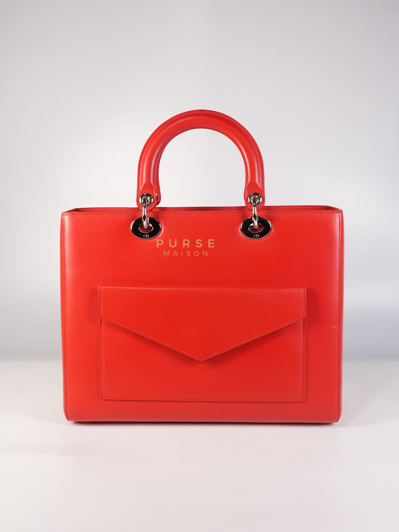 Lady Dior Front Pocket Large Tote Bag in Red Smooth Calfskin Leather & Silver Hardware | Purse Maison Luxury Bags Shop