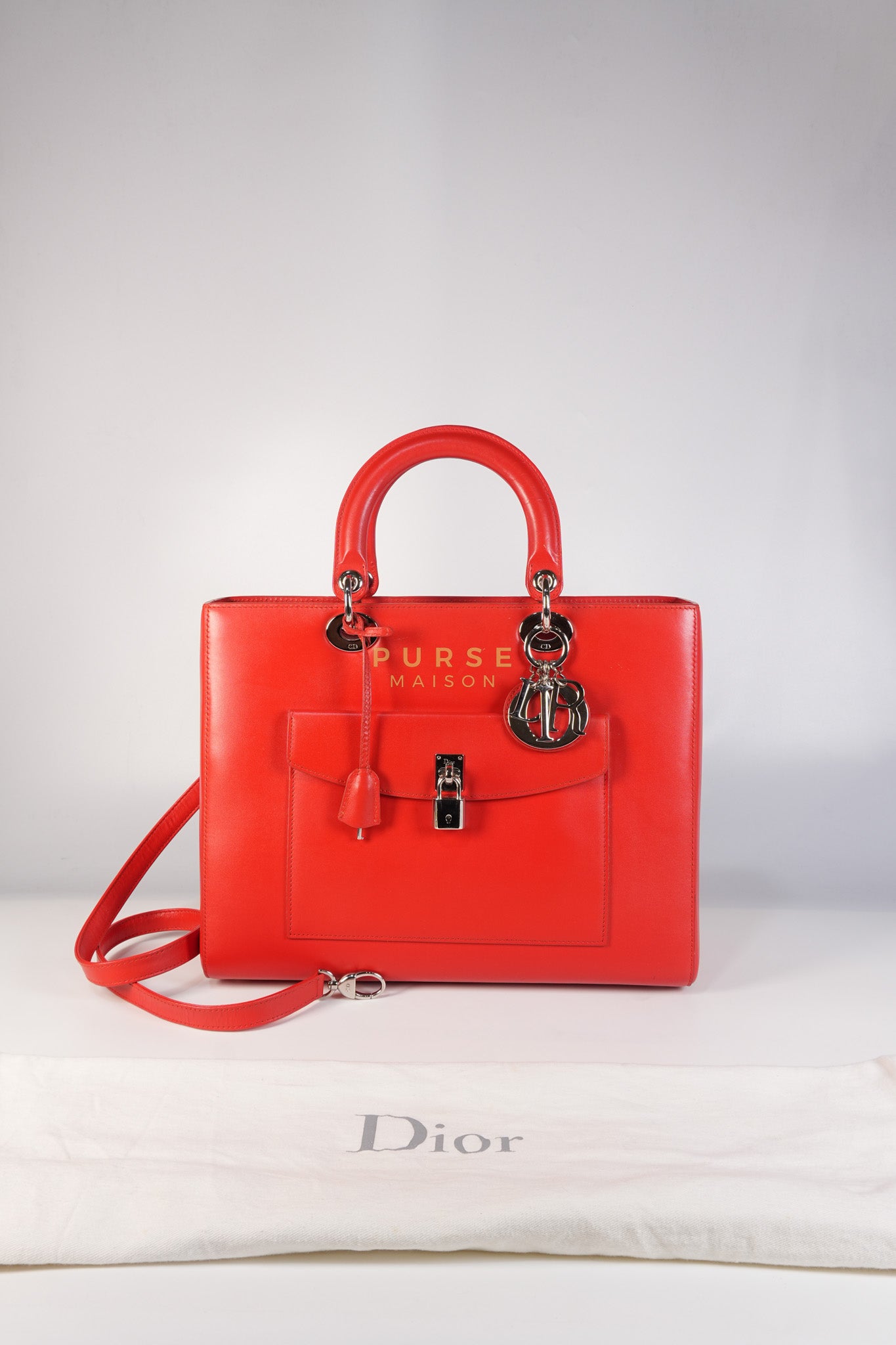 Lady Dior Front Pocket Large Tote Bag in Red Smooth Calfskin Leather & Silver Hardware | Purse Maison Luxury Bags Shop
