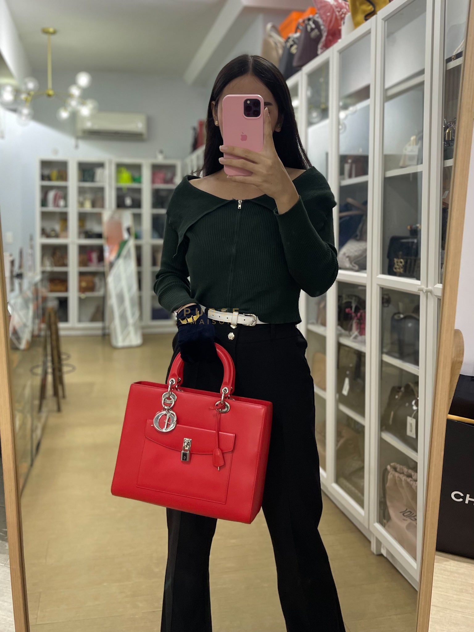 Lady Dior Front Pocket Large Tote Bag in Red Smooth Calfskin Leather & Silver Hardware | Purse Maison Luxury Bags Shop