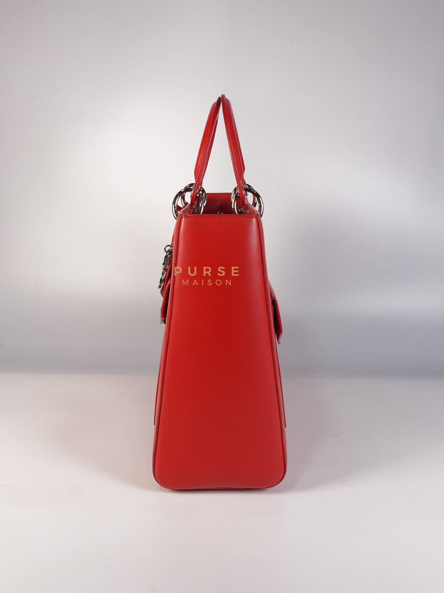 Lady Dior Front Pocket Large Tote Bag in Red Smooth Calfskin Leather & Silver Hardware | Purse Maison Luxury Bags Shop