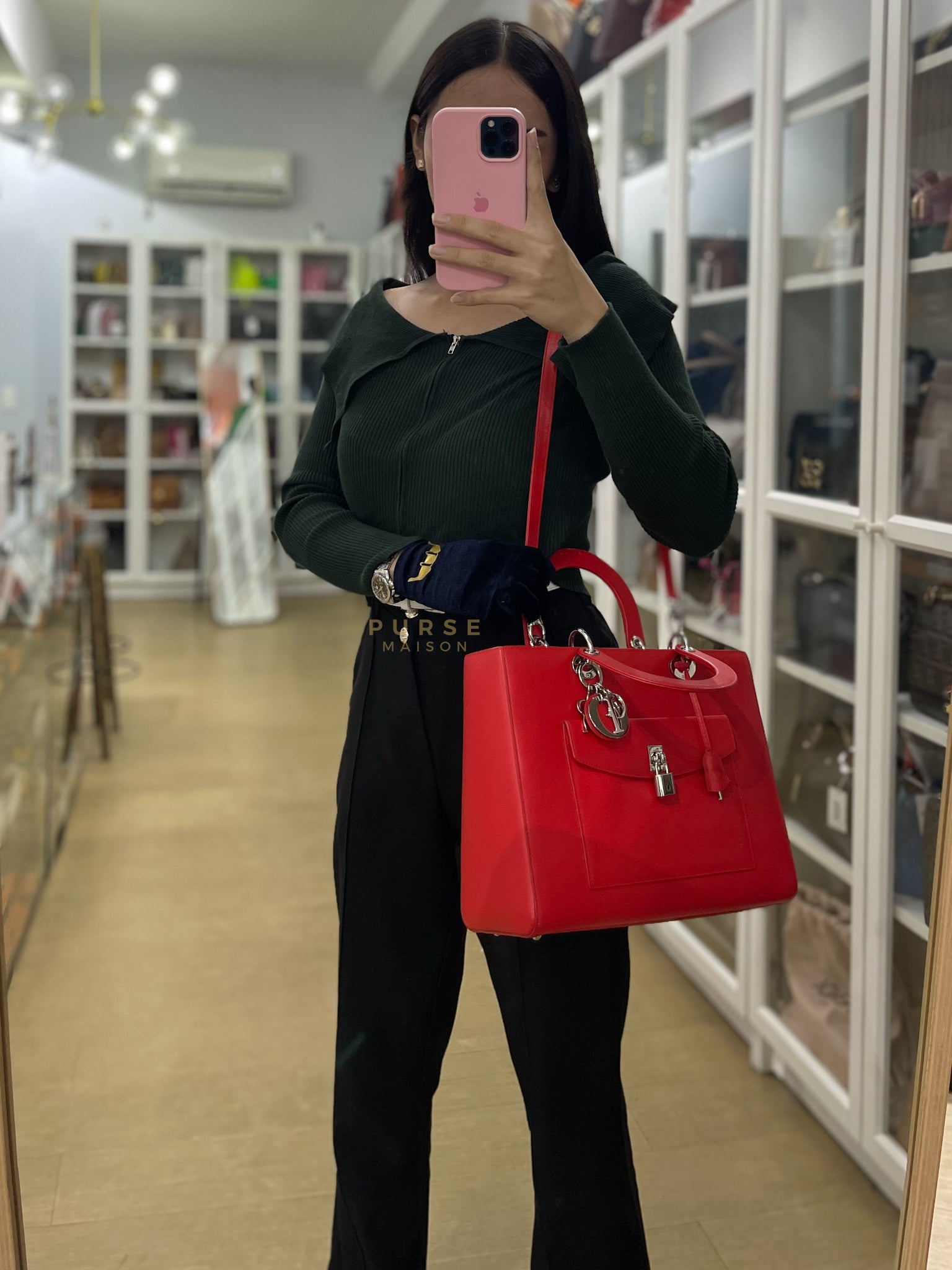 Lady Dior Front Pocket Large Tote Bag in Red Smooth Calfskin Leather & Silver Hardware | Purse Maison Luxury Bags Shop