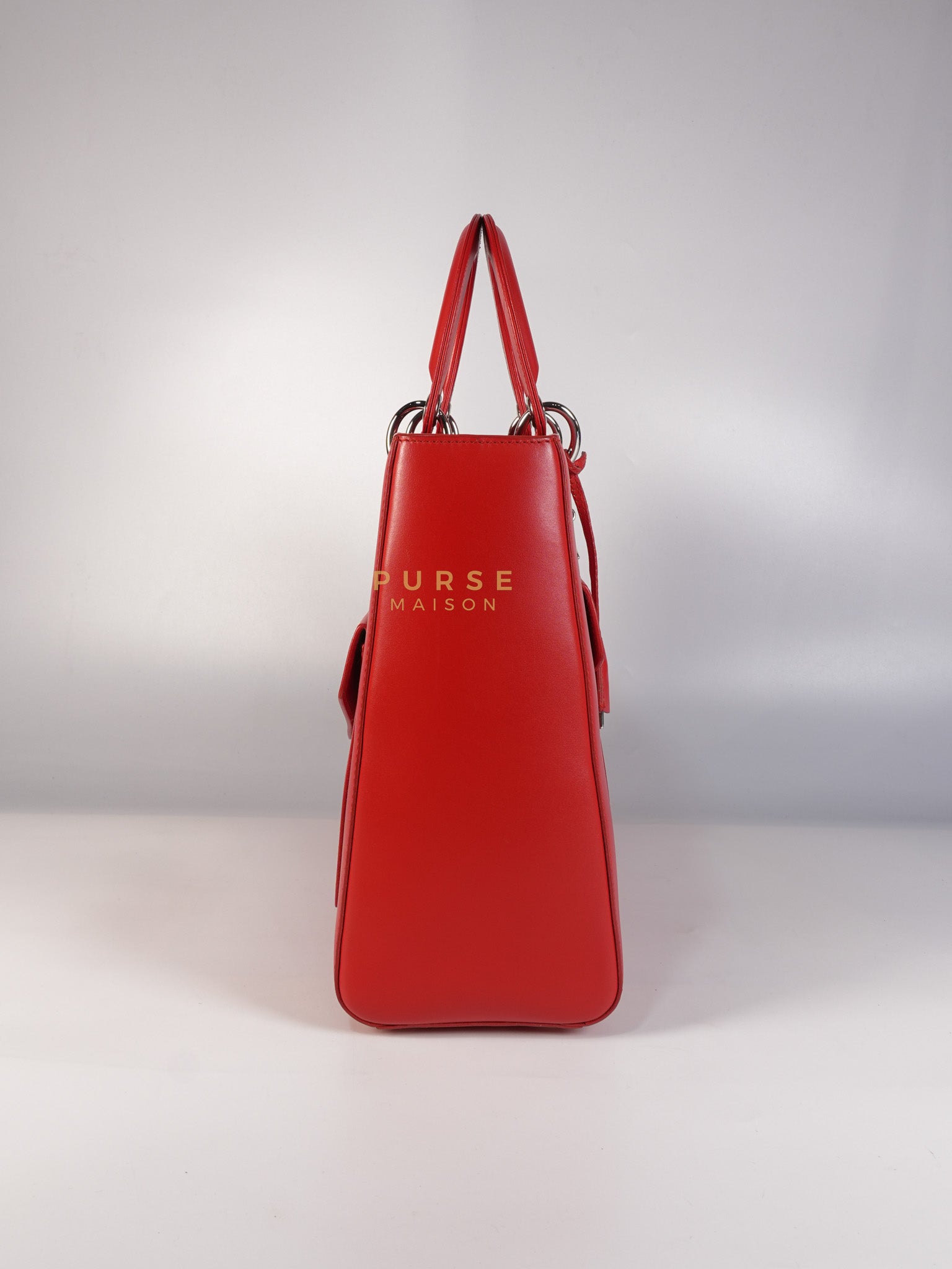 Lady Dior Front Pocket Large Tote Bag in Red Smooth Calfskin Leather & Silver Hardware | Purse Maison Luxury Bags Shop