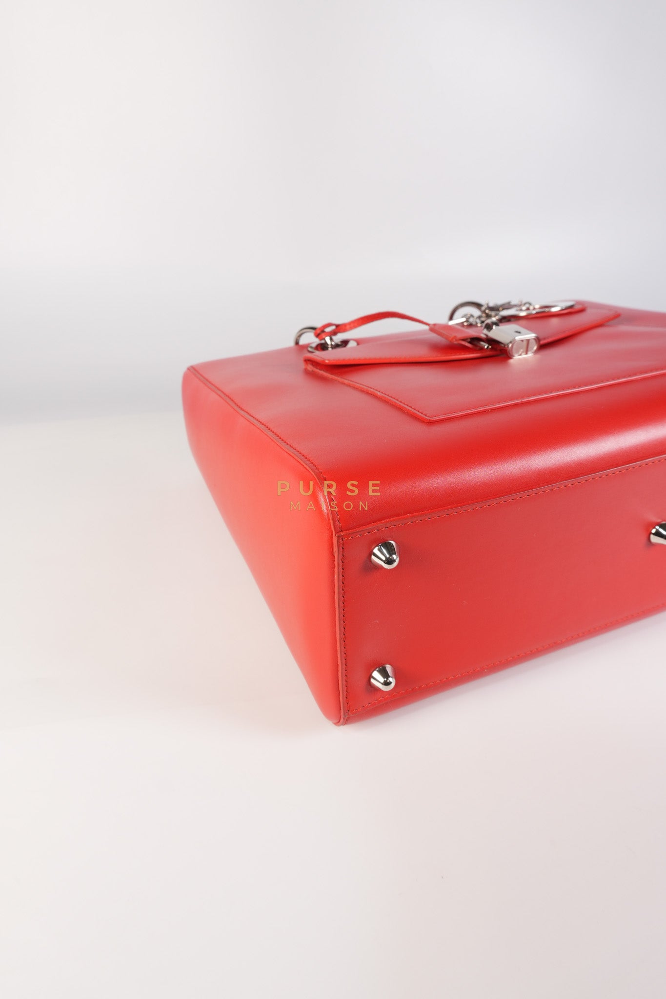 Lady Dior Front Pocket Large Tote Bag in Red Smooth Calfskin Leather & Silver Hardware | Purse Maison Luxury Bags Shop